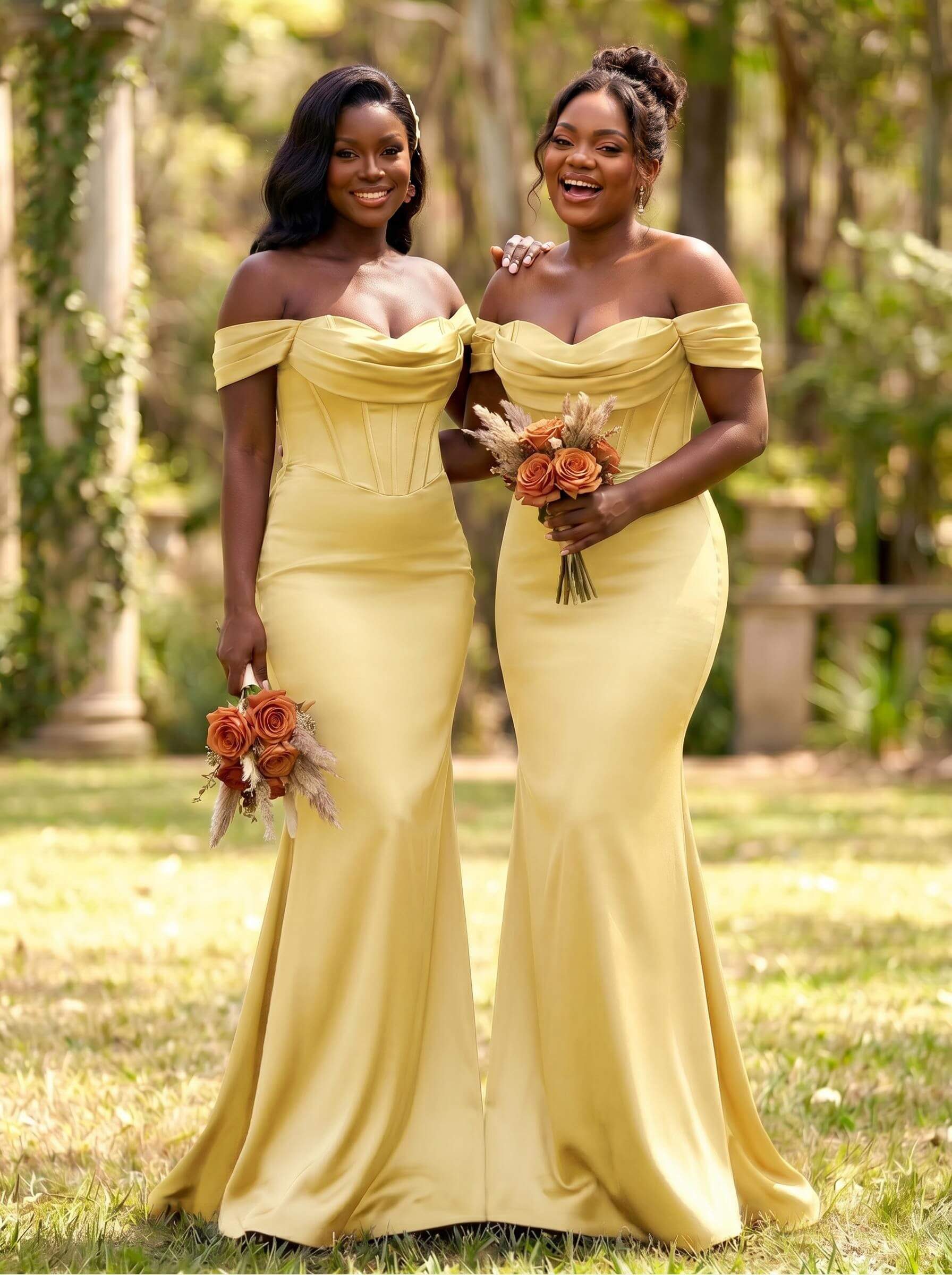Elegant Trumpet/Mermaid Off-The-Shoulder Sleeveless Sweep Train Satin Bridesmaid Dresses, product image 50