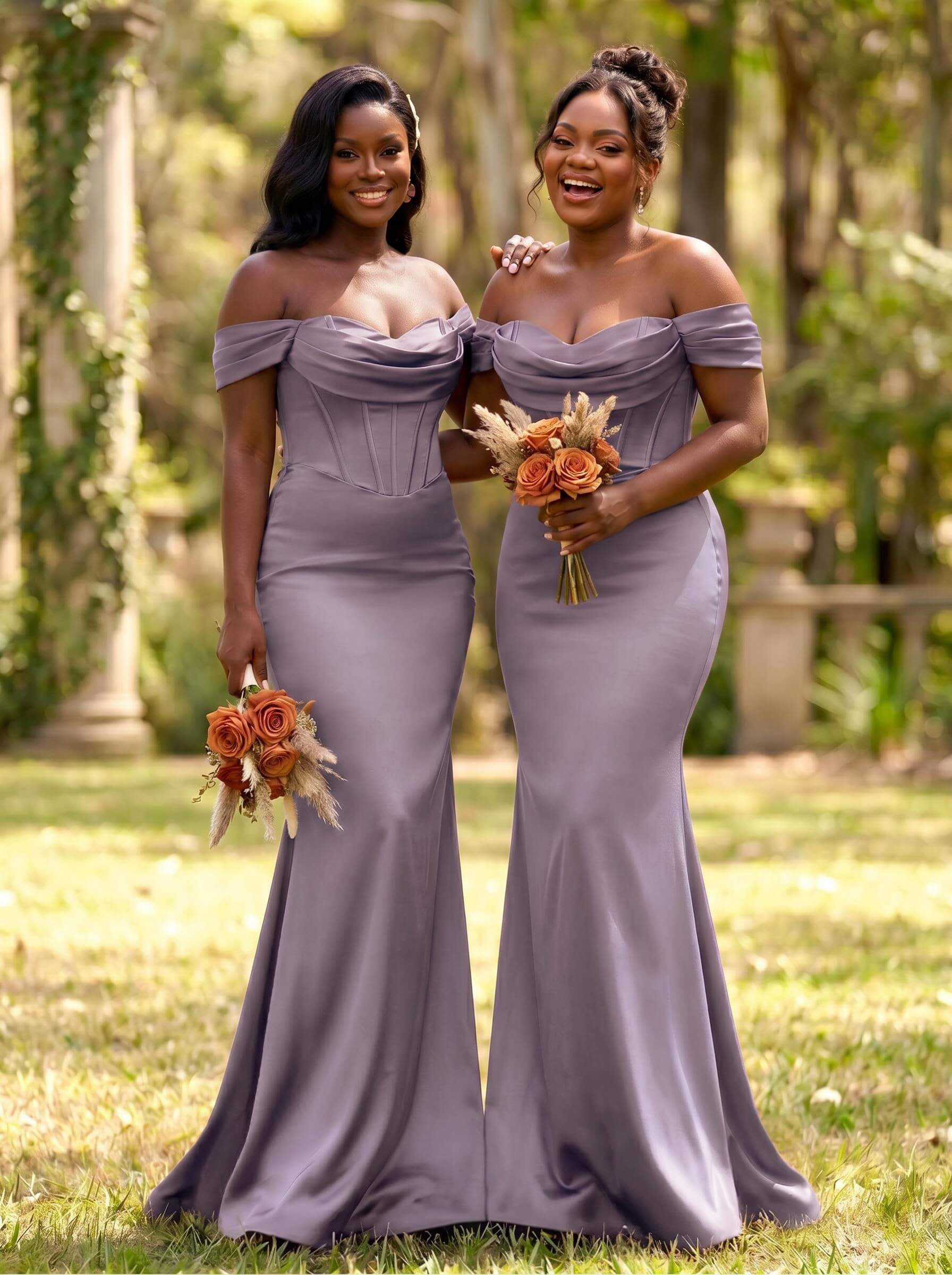 Elegant Trumpet/Mermaid Off-The-Shoulder Sleeveless Sweep Train Satin Bridesmaid Dresses, product image 29