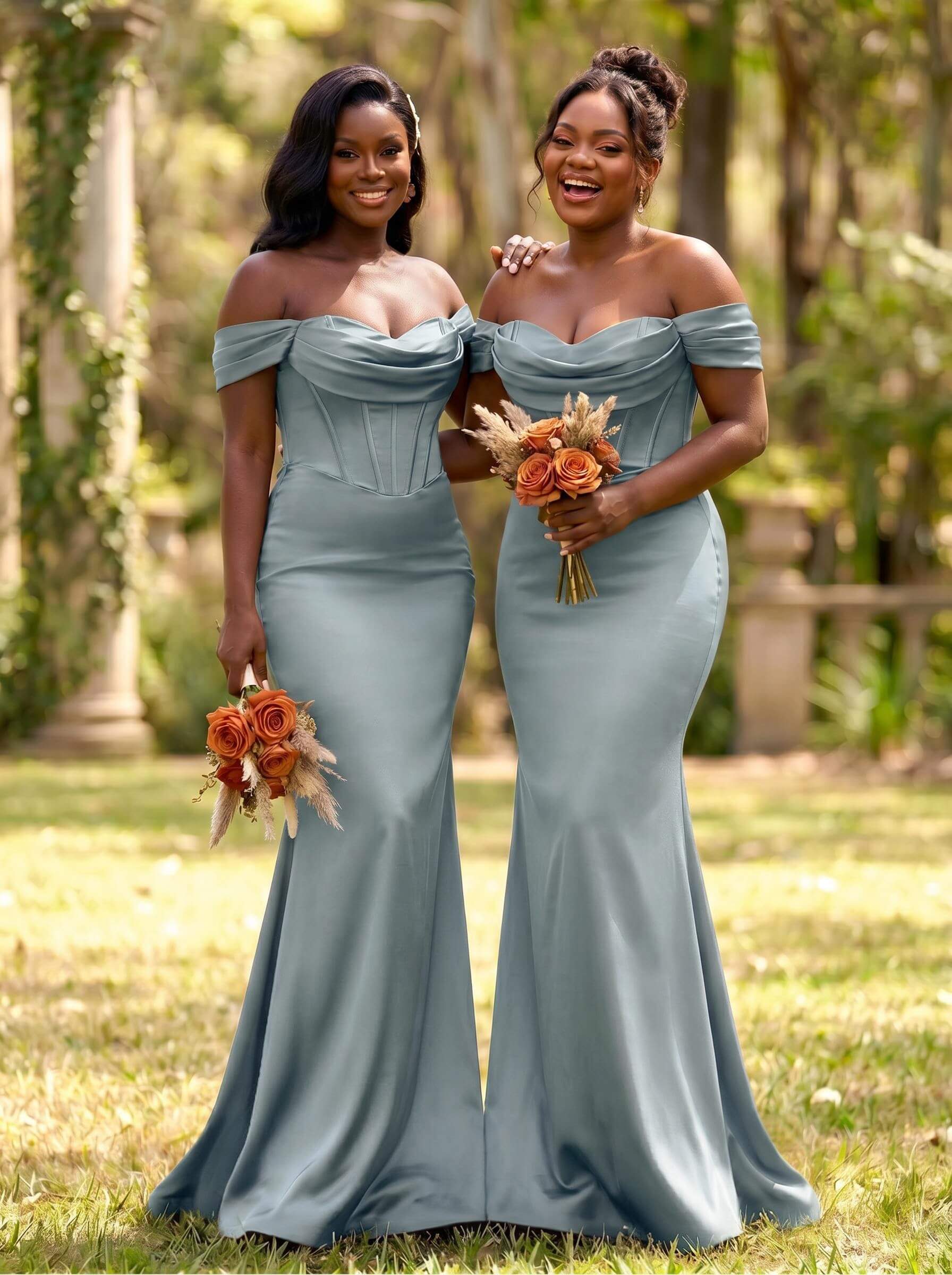 Elegant Trumpet/Mermaid Off-The-Shoulder Sleeveless Sweep Train Satin Bridesmaid Dresses, product image 5