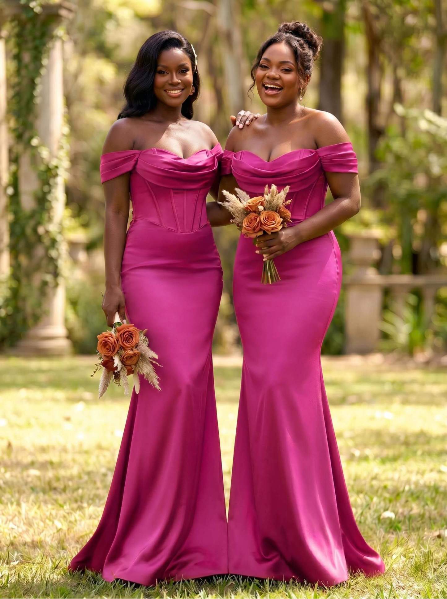 Elegant Trumpet/Mermaid Off-The-Shoulder Sleeveless Sweep Train Satin Bridesmaid Dresses, product image 38