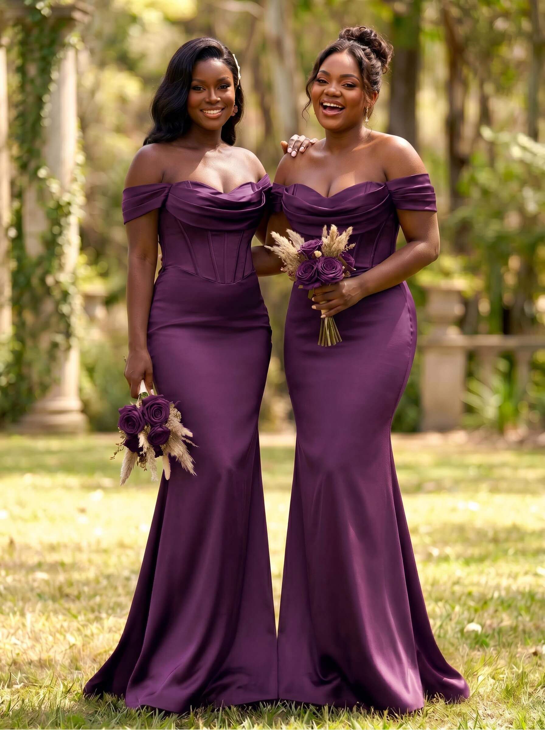 Elegant Trumpet/Mermaid Off-The-Shoulder Sleeveless Sweep Train Satin Bridesmaid Dresses, product image 36