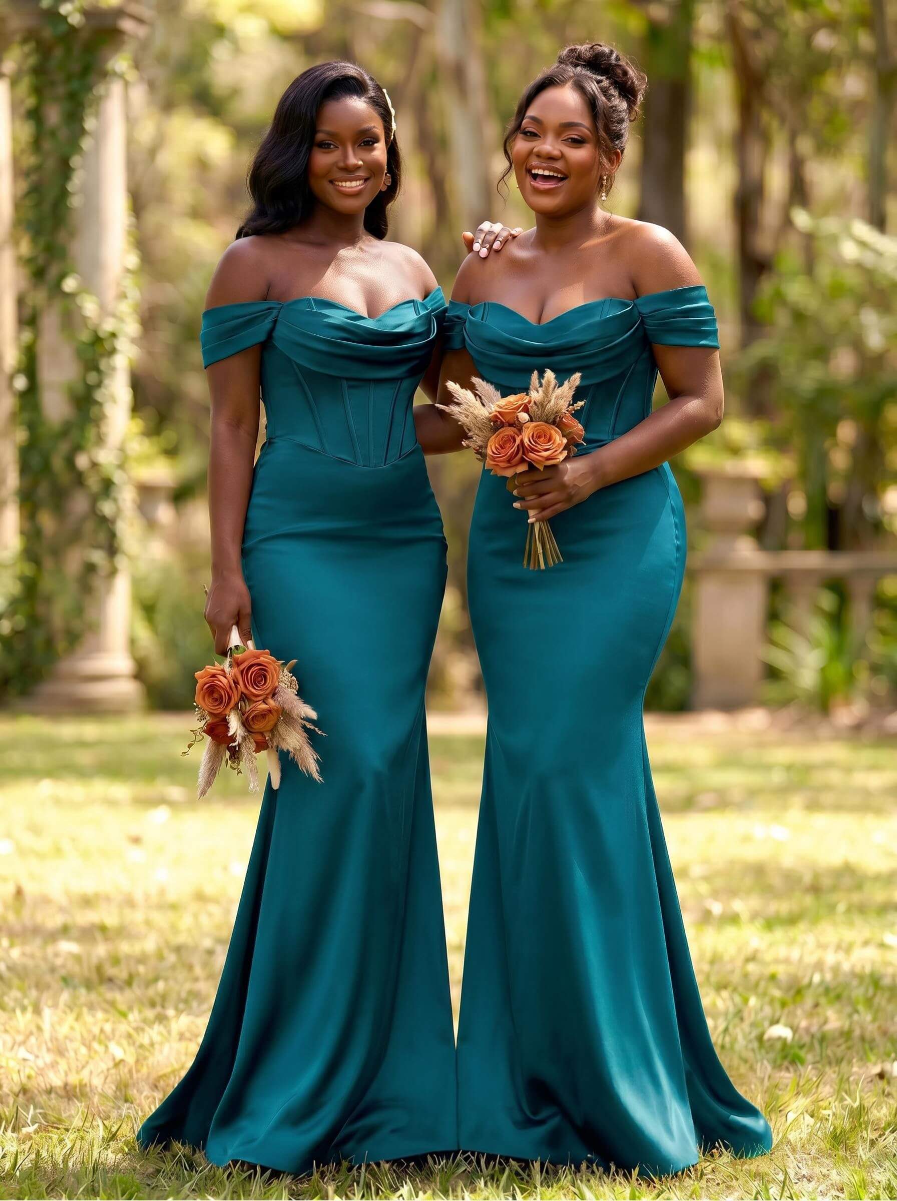 Elegant Trumpet/Mermaid Off-The-Shoulder Sleeveless Sweep Train Satin Bridesmaid Dresses, product image 8
