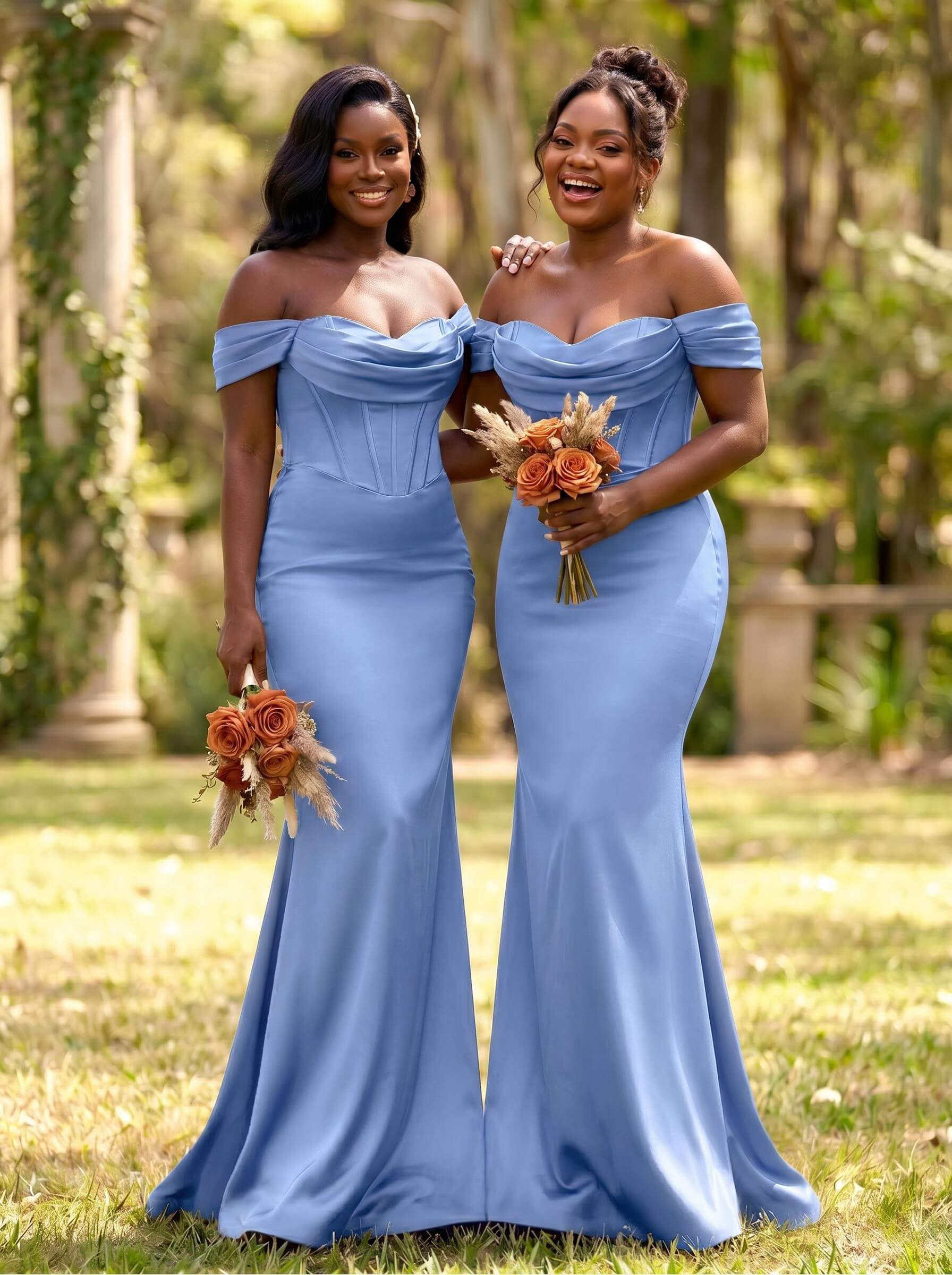Elegant Trumpet/Mermaid Off-The-Shoulder Sleeveless Sweep Train Satin Bridesmaid Dresses, product image 12