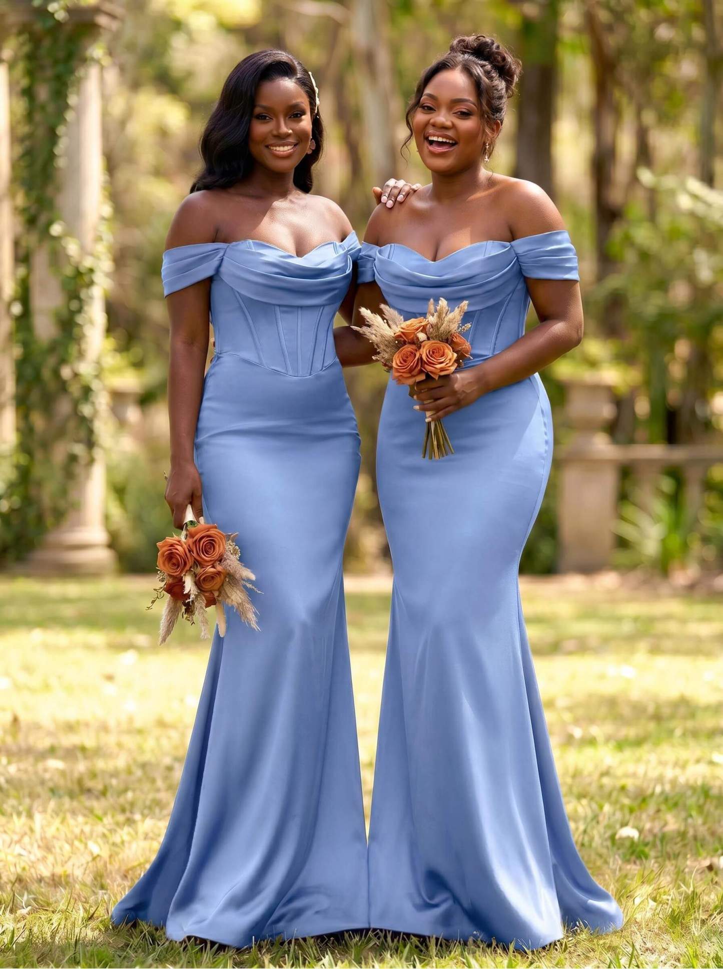 Elegant Trumpet/Mermaid Off-The-Shoulder Sleeveless Sweep Train Satin Bridesmaid Dresses, product image 12