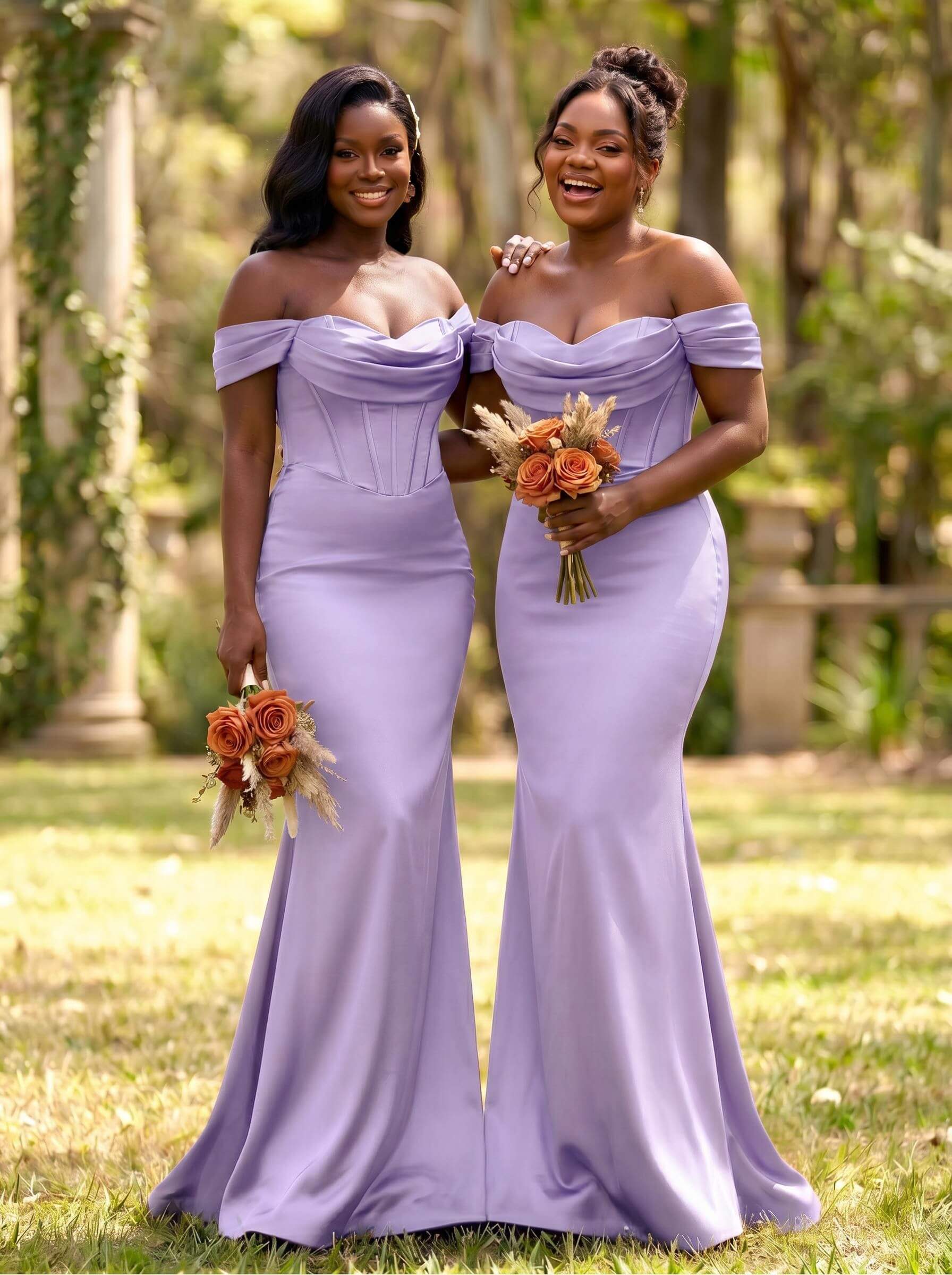 Elegant Trumpet/Mermaid Off-The-Shoulder Sleeveless Sweep Train Satin Bridesmaid Dresses, product image 33