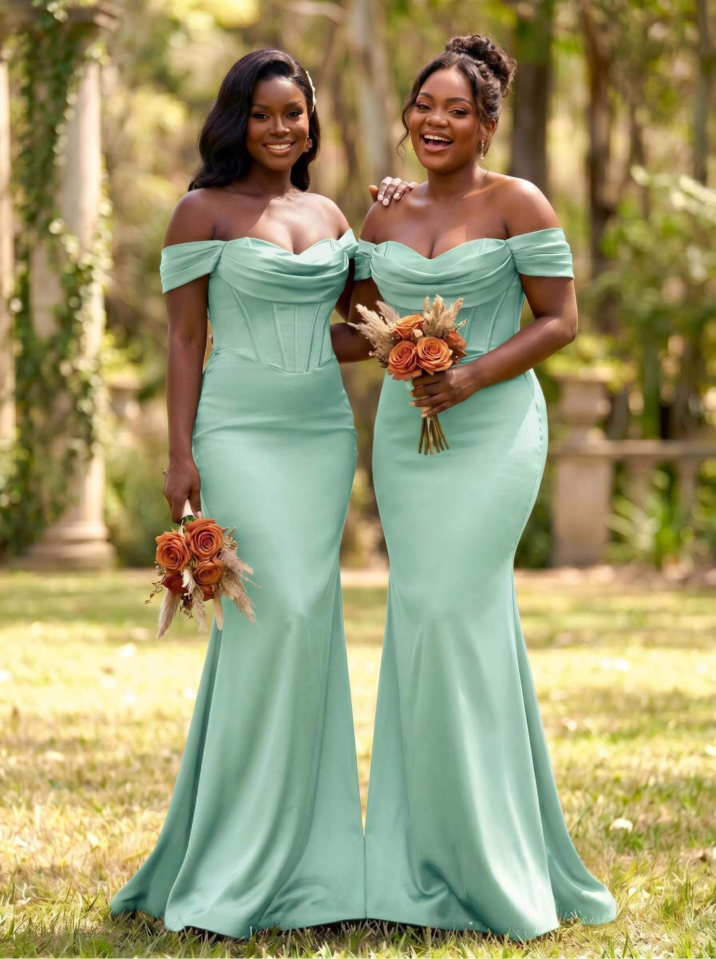 Elegant Trumpet/Mermaid Off-The-Shoulder Sleeveless Sweep Train Satin Bridesmaid Dresses, product image 46