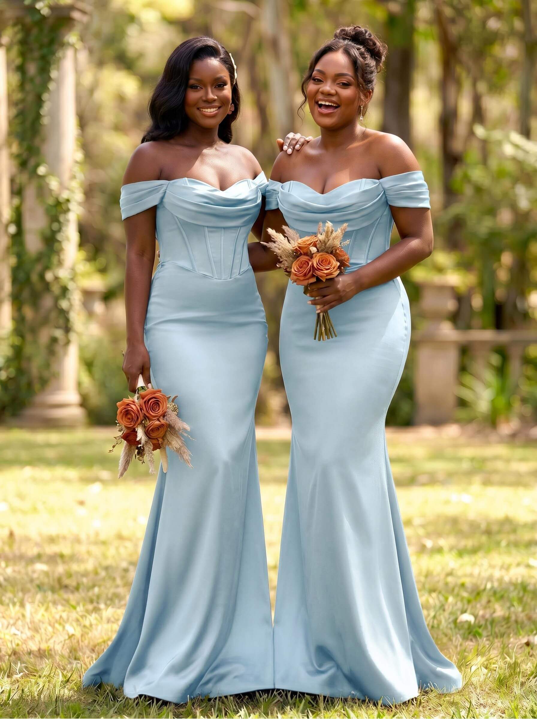 Elegant Trumpet/Mermaid Off-The-Shoulder Sleeveless Sweep Train Satin Bridesmaid Dresses, product image 14