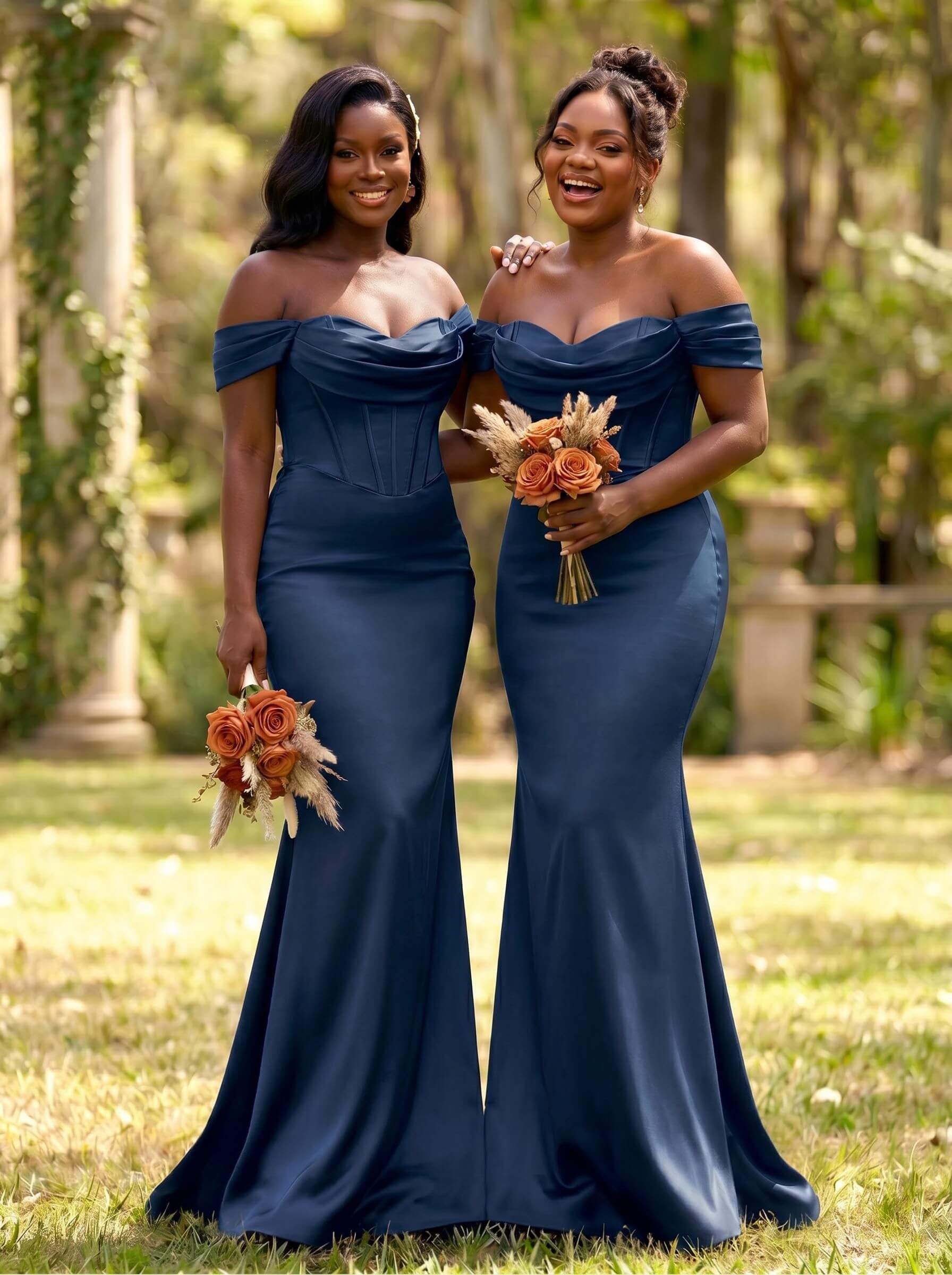 Elegant Trumpet/Mermaid Off-The-Shoulder Sleeveless Sweep Train Satin Bridesmaid Dresses, product image 4