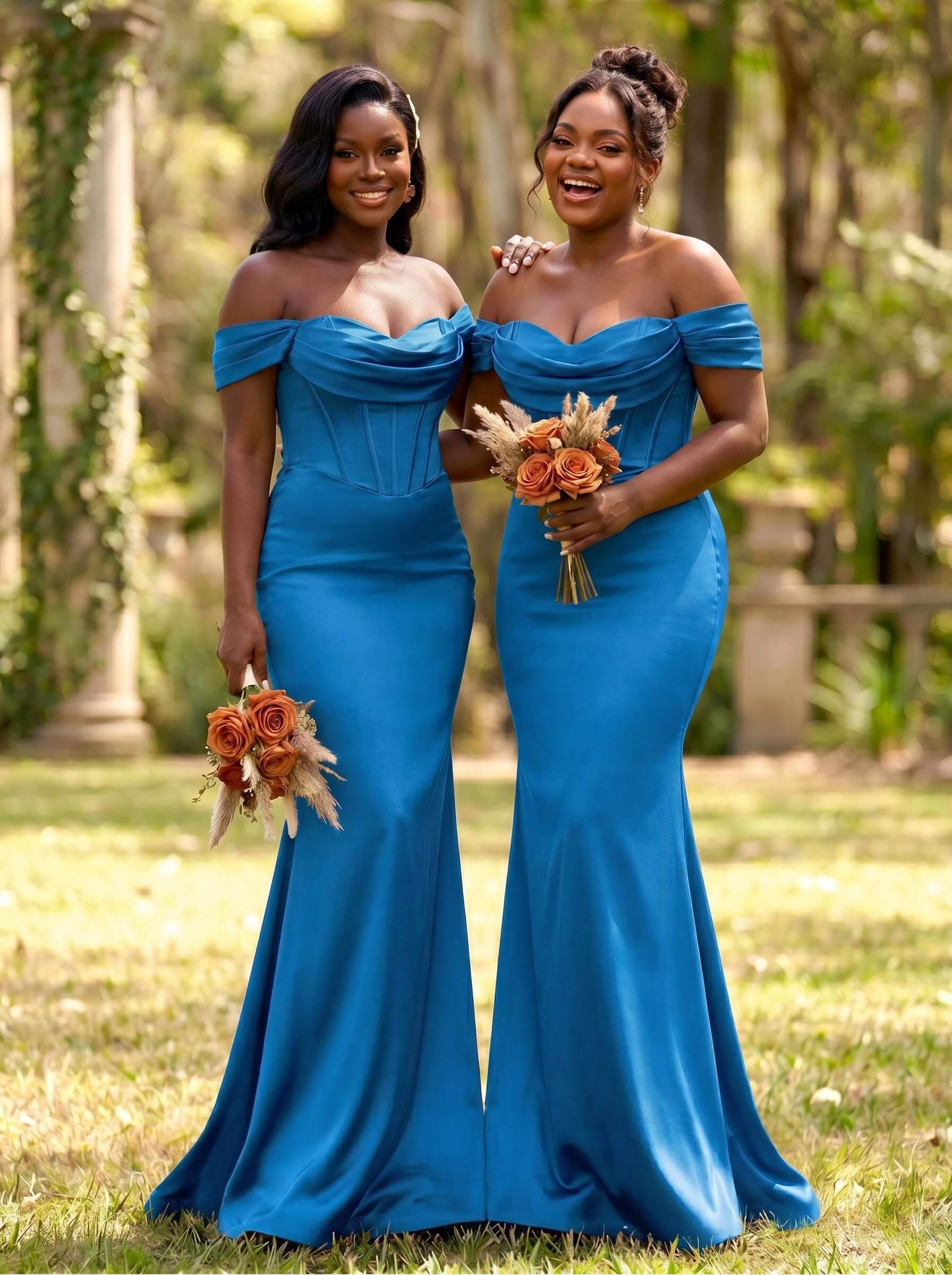 Elegant Trumpet/Mermaid Off-The-Shoulder Sleeveless Sweep Train Satin Bridesmaid Dresses, product image 10