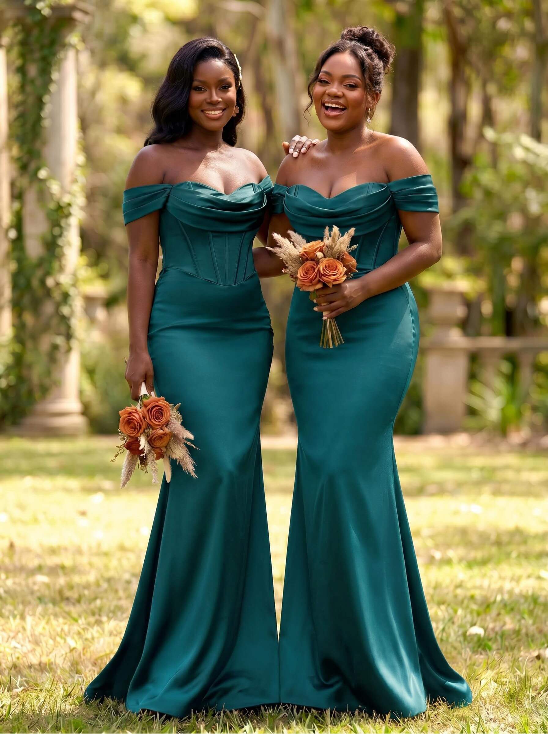 Elegant Trumpet/Mermaid Off-The-Shoulder Sleeveless Sweep Train Satin Bridesmaid Dresses, product image 42