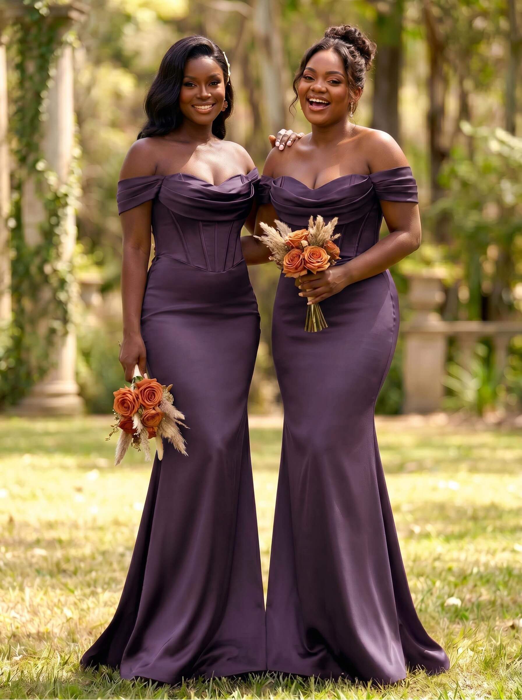 Elegant Trumpet/Mermaid Off-The-Shoulder Sleeveless Sweep Train Satin Bridesmaid Dresses, product image 61