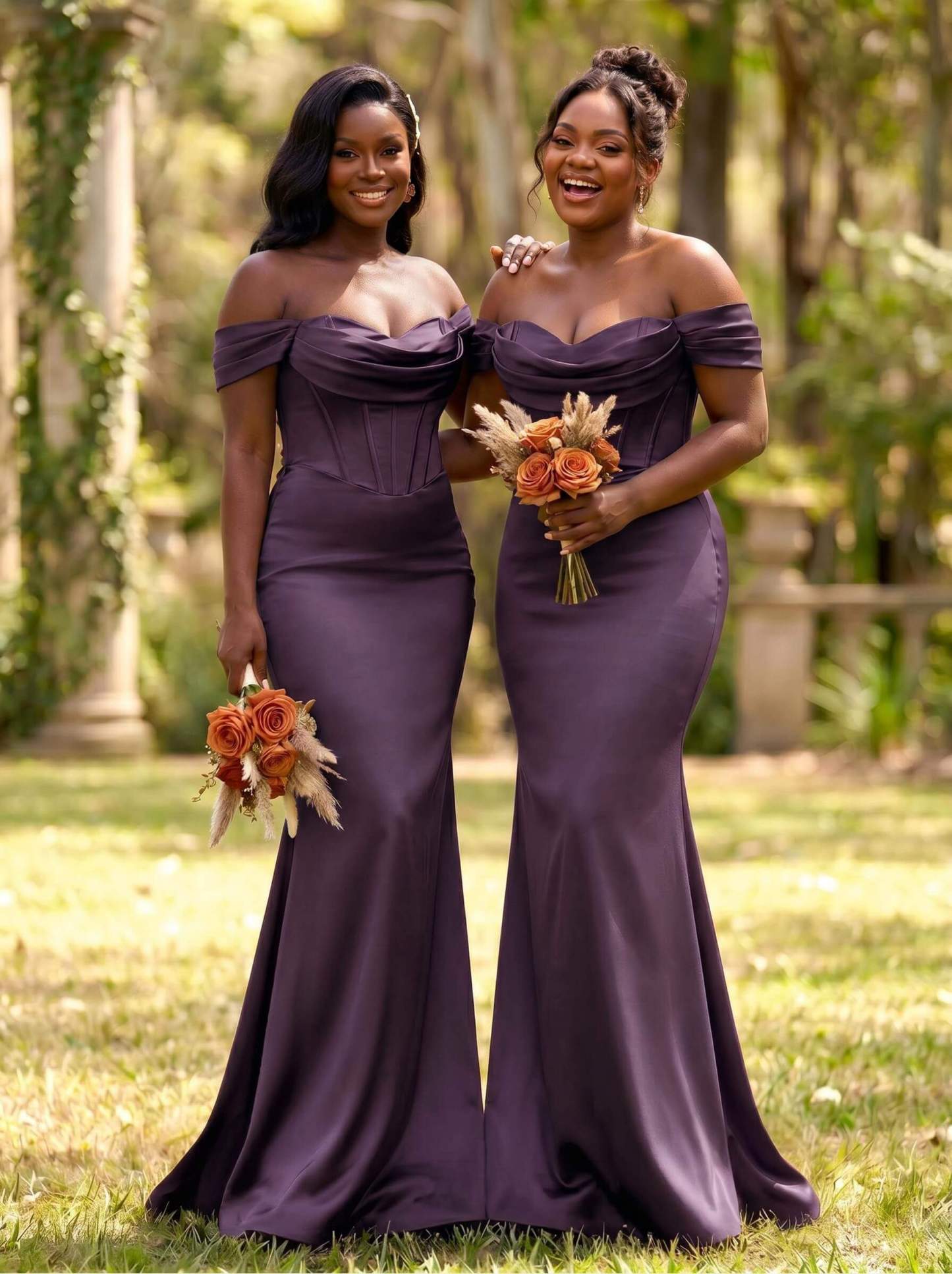 Elegant Trumpet/Mermaid Off-The-Shoulder Sleeveless Sweep Train Satin Bridesmaid Dresses, product image 61