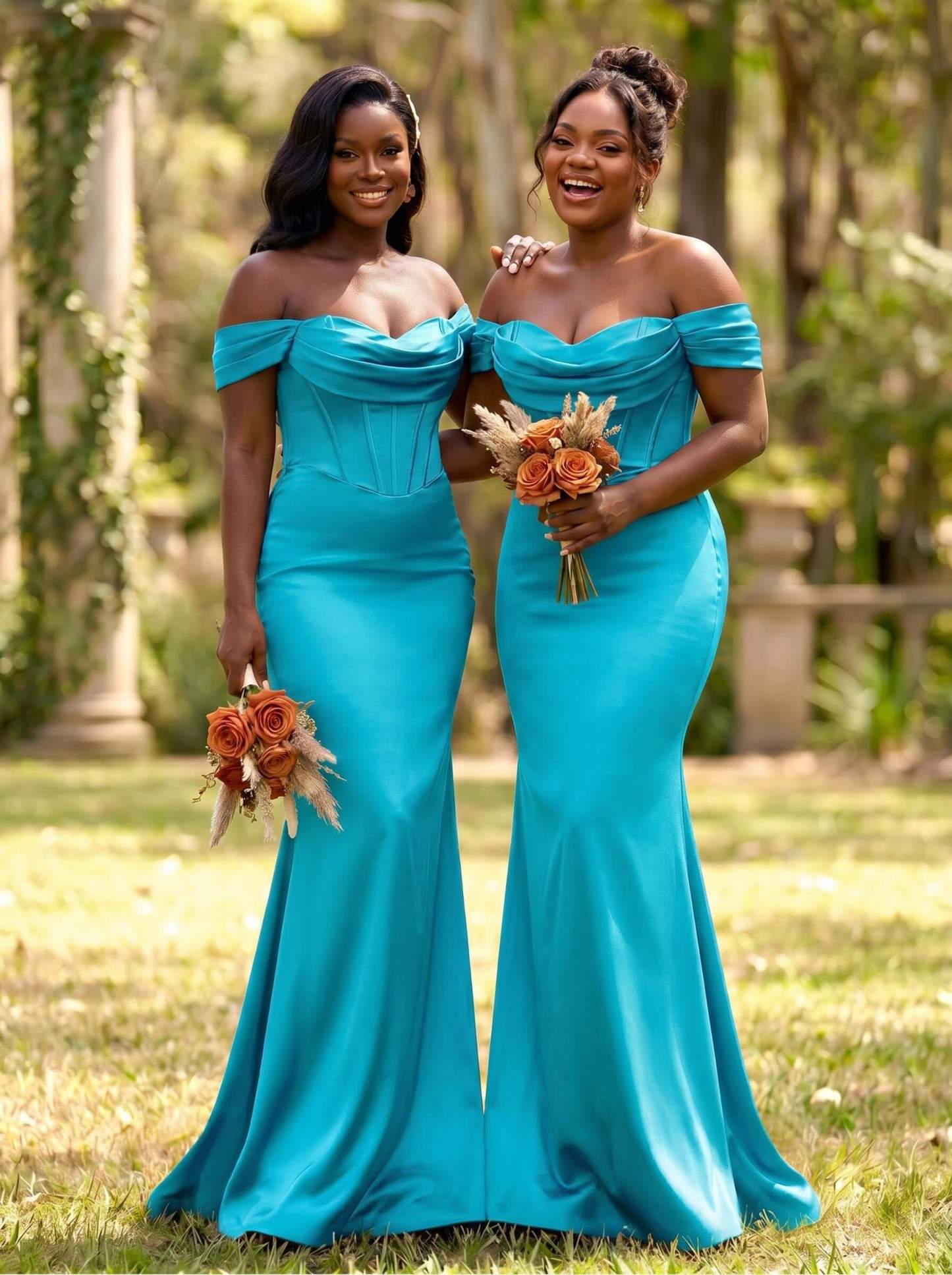 Elegant Trumpet/Mermaid Off-The-Shoulder Sleeveless Sweep Train Satin Bridesmaid Dresses, product image 11