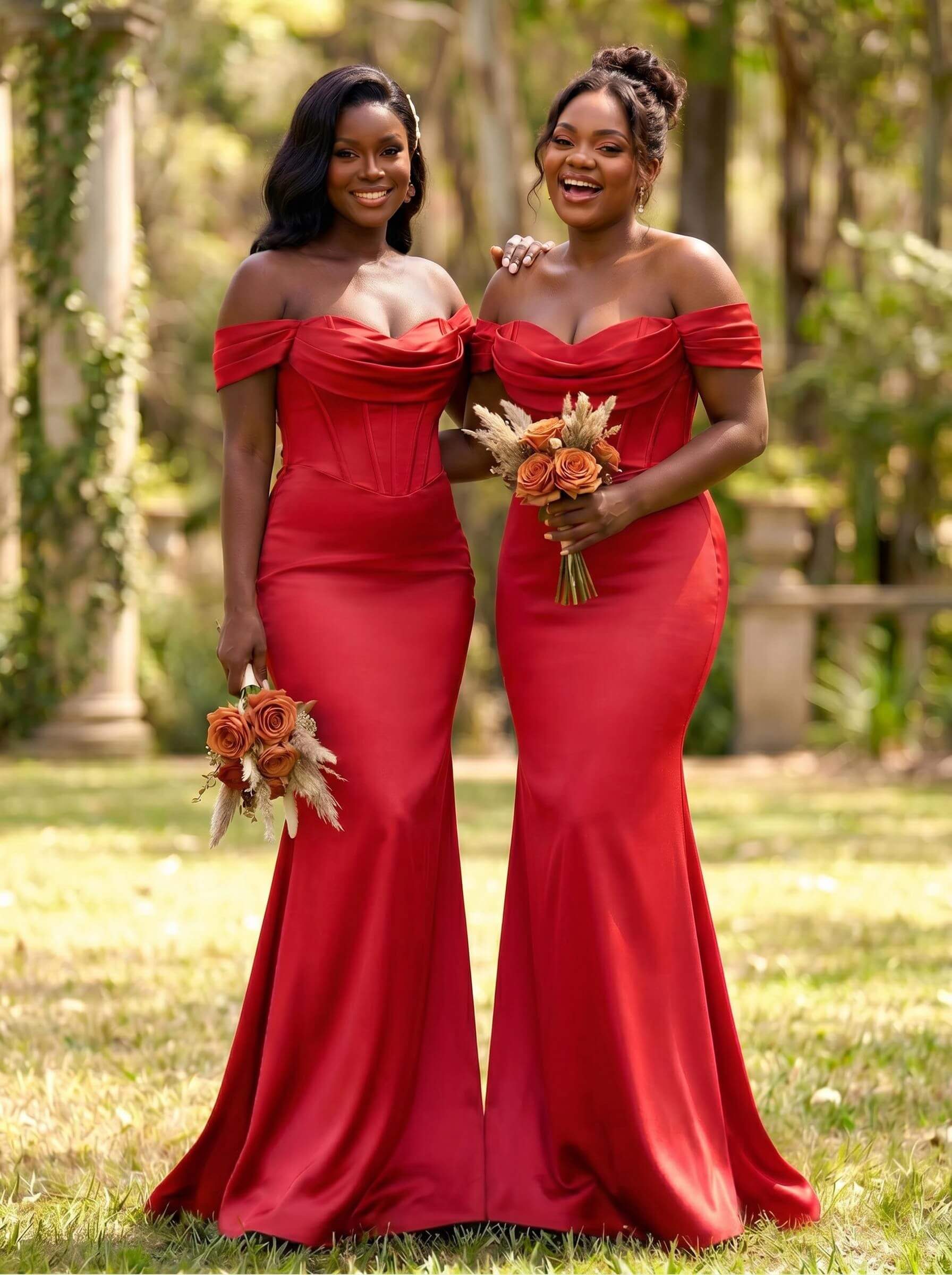 Elegant Trumpet/Mermaid Off-The-Shoulder Sleeveless Sweep Train Satin Bridesmaid Dresses, product image 19