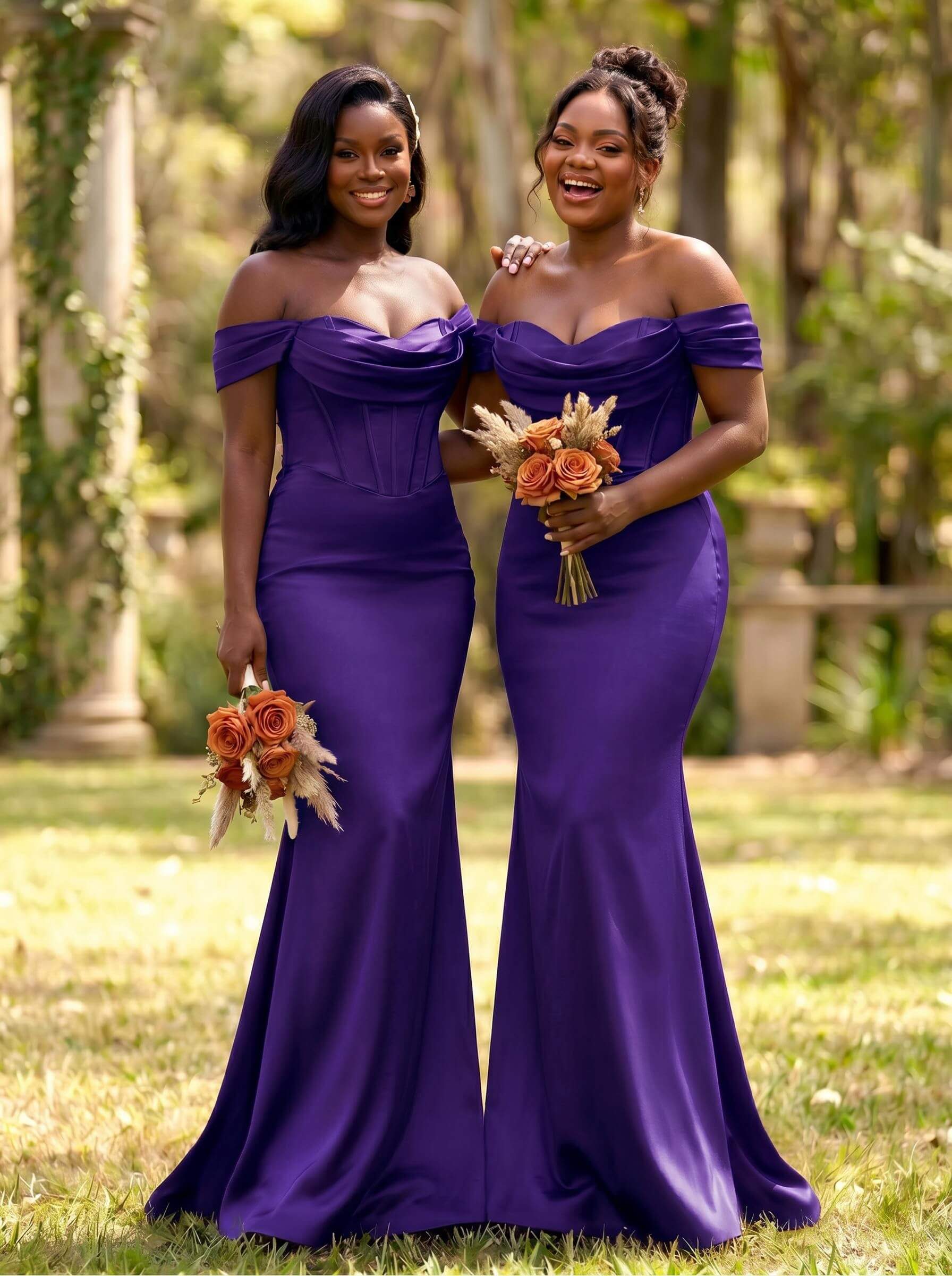 Elegant Trumpet/Mermaid Off-The-Shoulder Sleeveless Sweep Train Satin Bridesmaid Dresses, product image 39