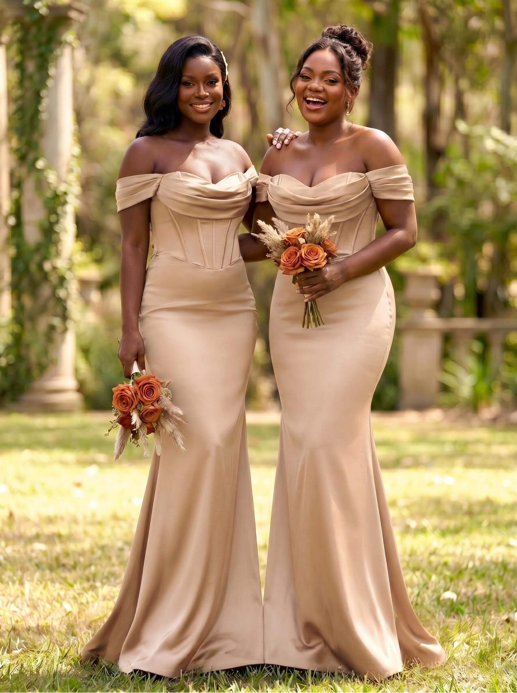 Elegant Trumpet/Mermaid Off-The-Shoulder Sleeveless Sweep Train Satin Bridesmaid Dresses, product image 65