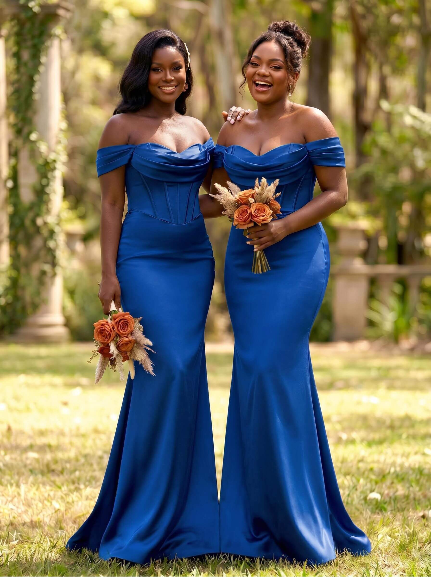 Elegant Trumpet/Mermaid Off-The-Shoulder Sleeveless Sweep Train Satin Bridesmaid Dresses, product image 9