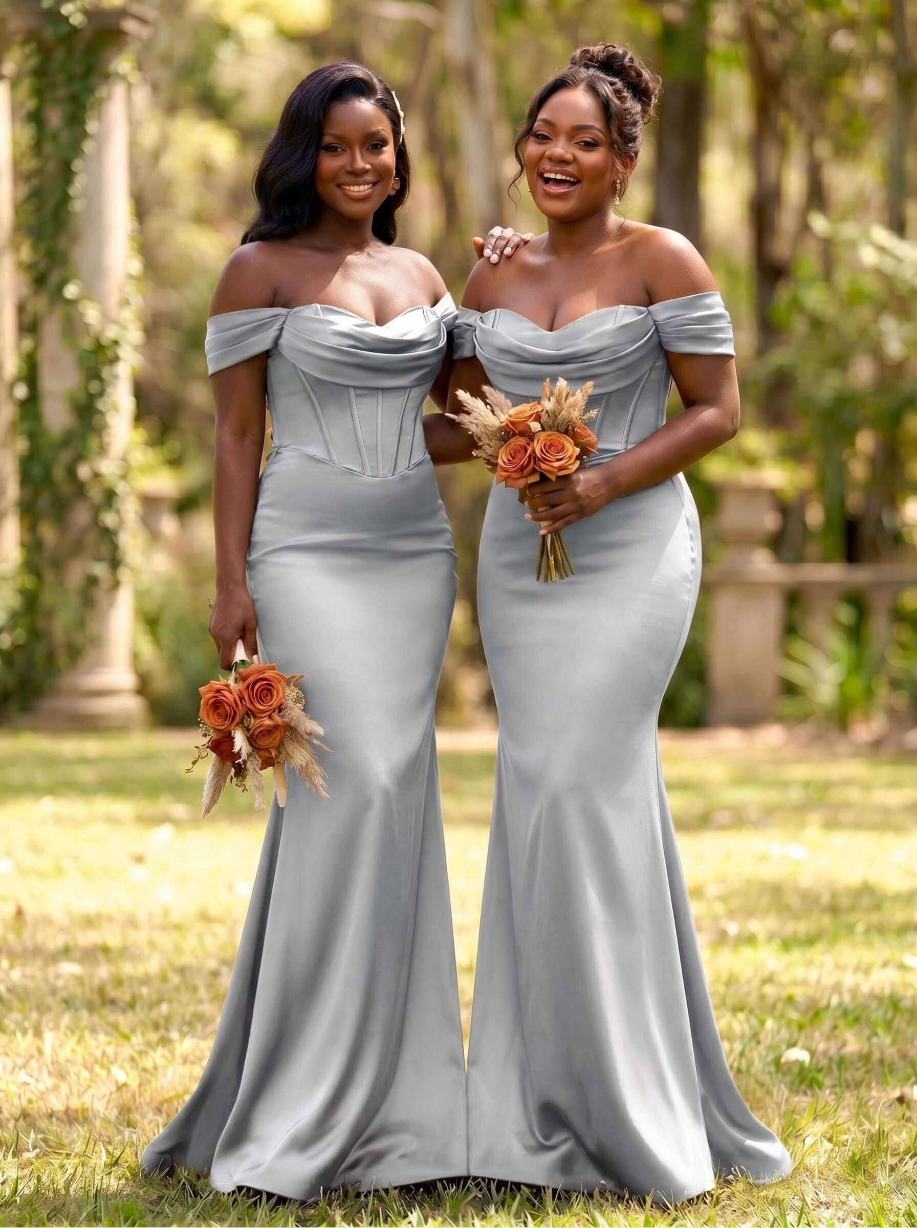 Elegant Trumpet/Mermaid Off-The-Shoulder Sleeveless Sweep Train Satin Bridesmaid Dresses, product image 57