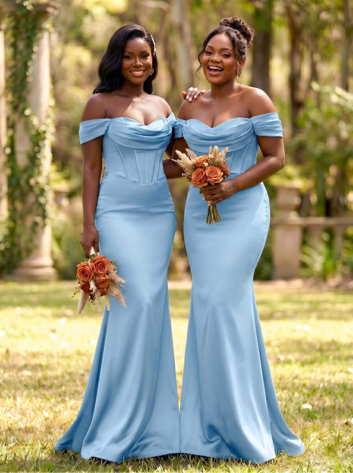 Elegant Trumpet/Mermaid Off-The-Shoulder Sleeveless Sweep Train Satin Bridesmaid Dresses, product image 13