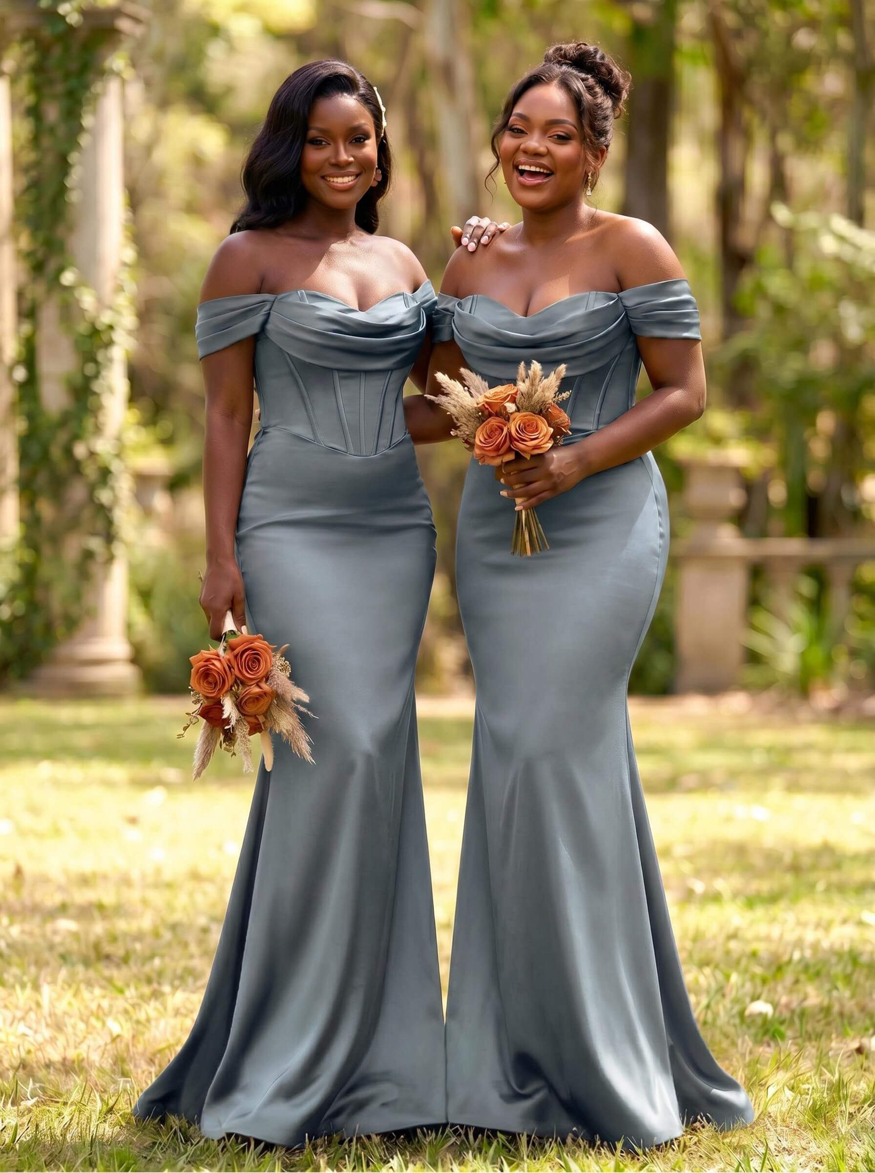 Elegant Trumpet/Mermaid Off-The-Shoulder Sleeveless Sweep Train Satin Bridesmaid Dresses, product image 58