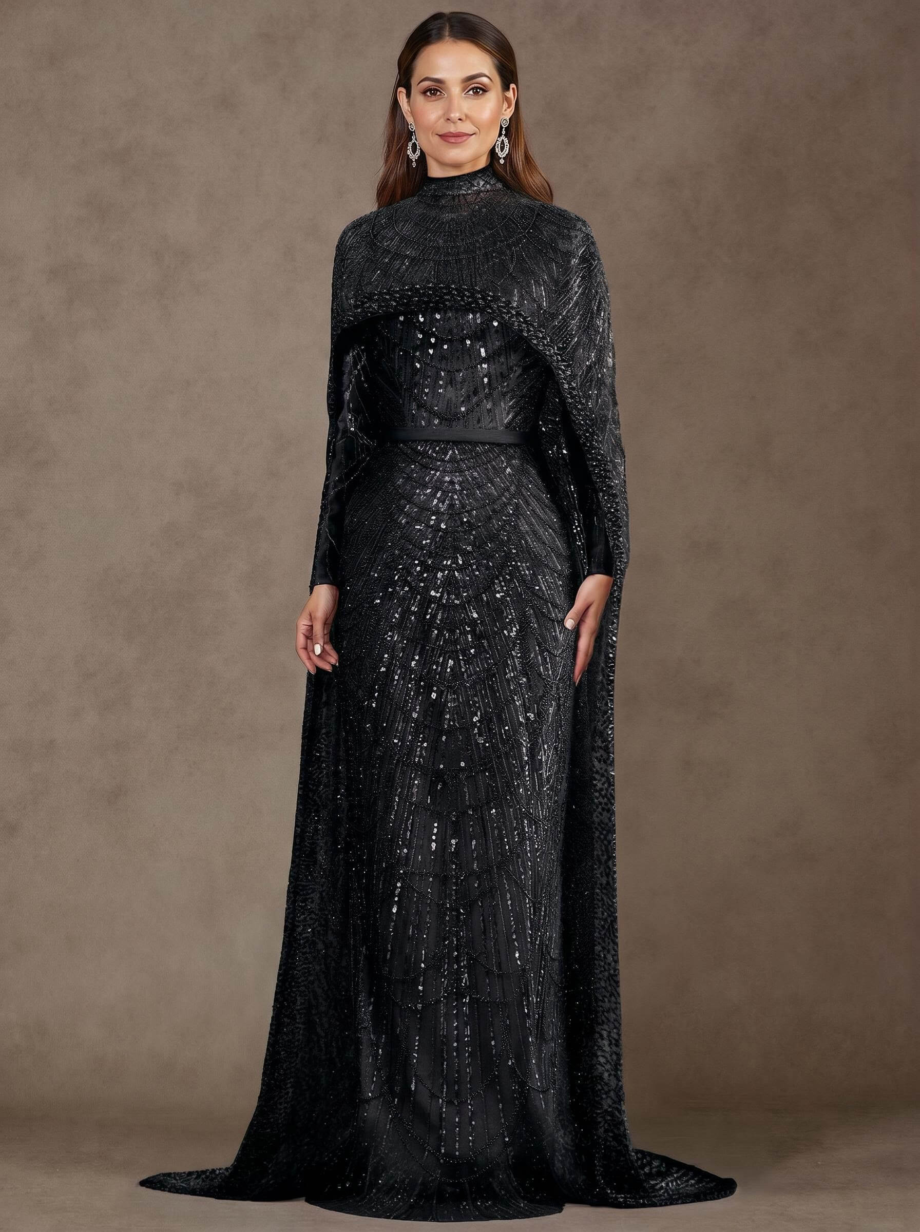 Sheath Column High Neck Long Sleeves Sweep Train Lace Satin Tulle Mother Of The Bride Dresses
