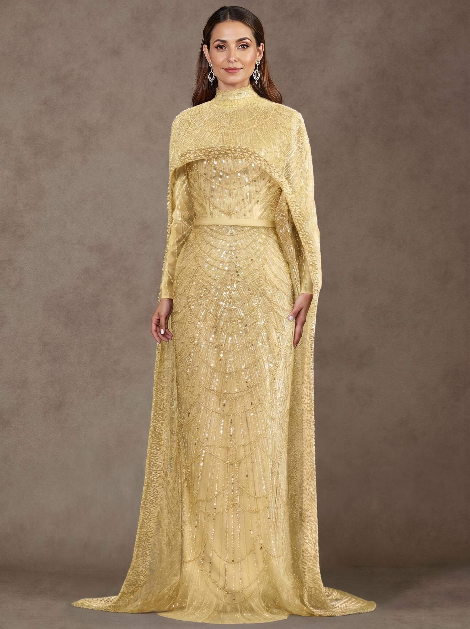 Sheath Column High Neck Long Sleeves Sweep Train Lace Satin Tulle Mother Of The Bride Dresses