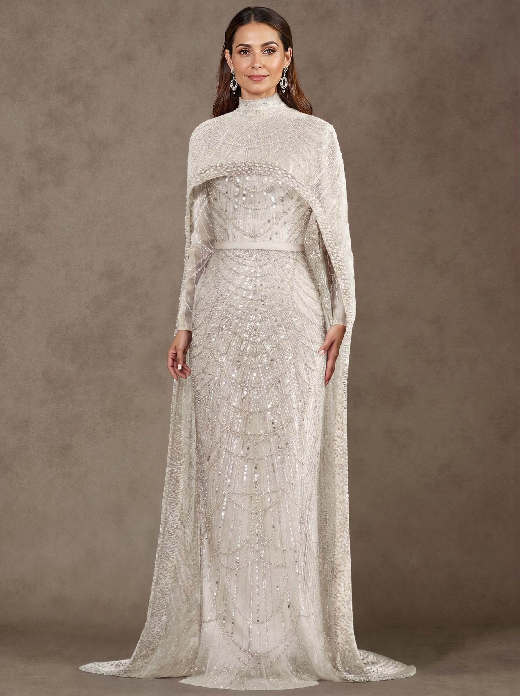 Sheath Column High Neck Long Sleeves Sweep Train Lace Satin Tulle Mother Of The Bride Dresses