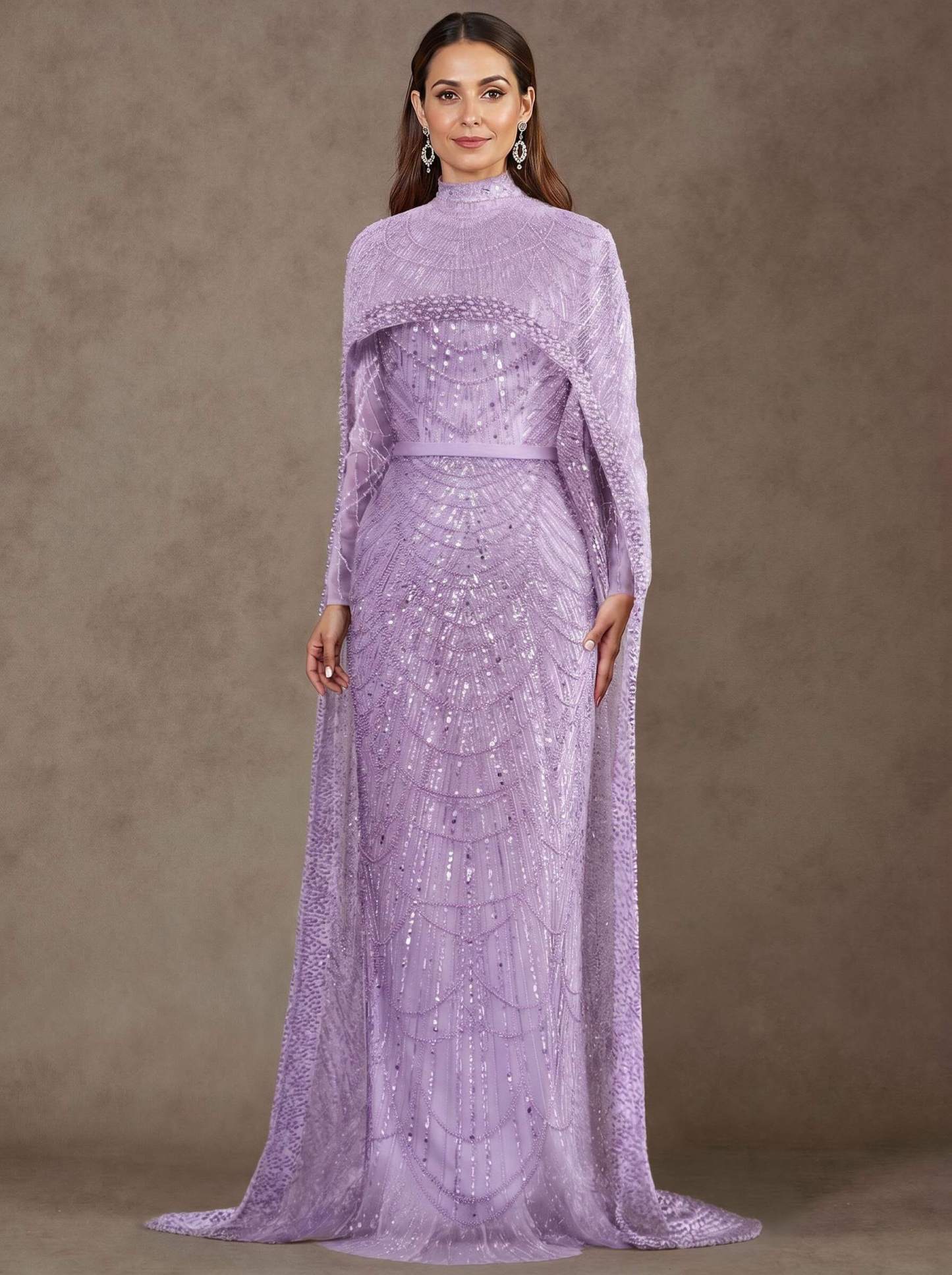 Sheath Column High Neck Long Sleeves Sweep Train Lace Satin Tulle Mother Of The Bride Dresses