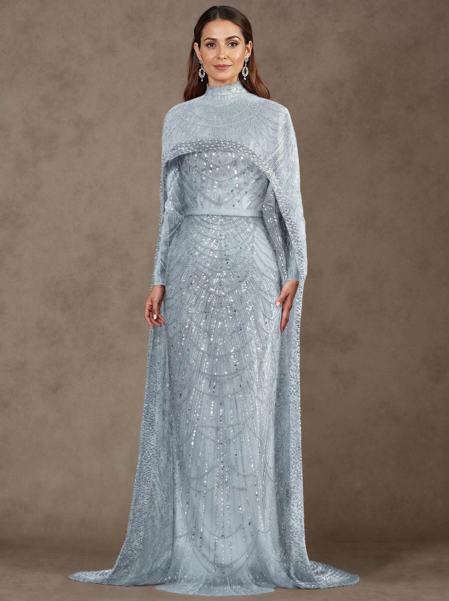 Sheath Column High Neck Long Sleeves Sweep Train Lace Satin Tulle Mother Of The Bride Dresses