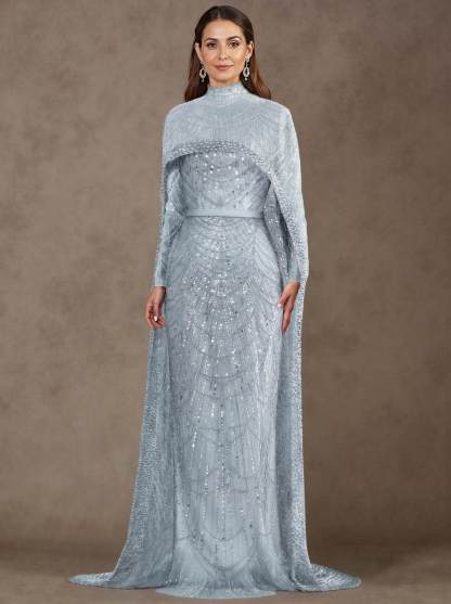 Sheath Column High Neck Long Sleeves Sweep Train Lace Satin Tulle Mother Of The Bride Dresses