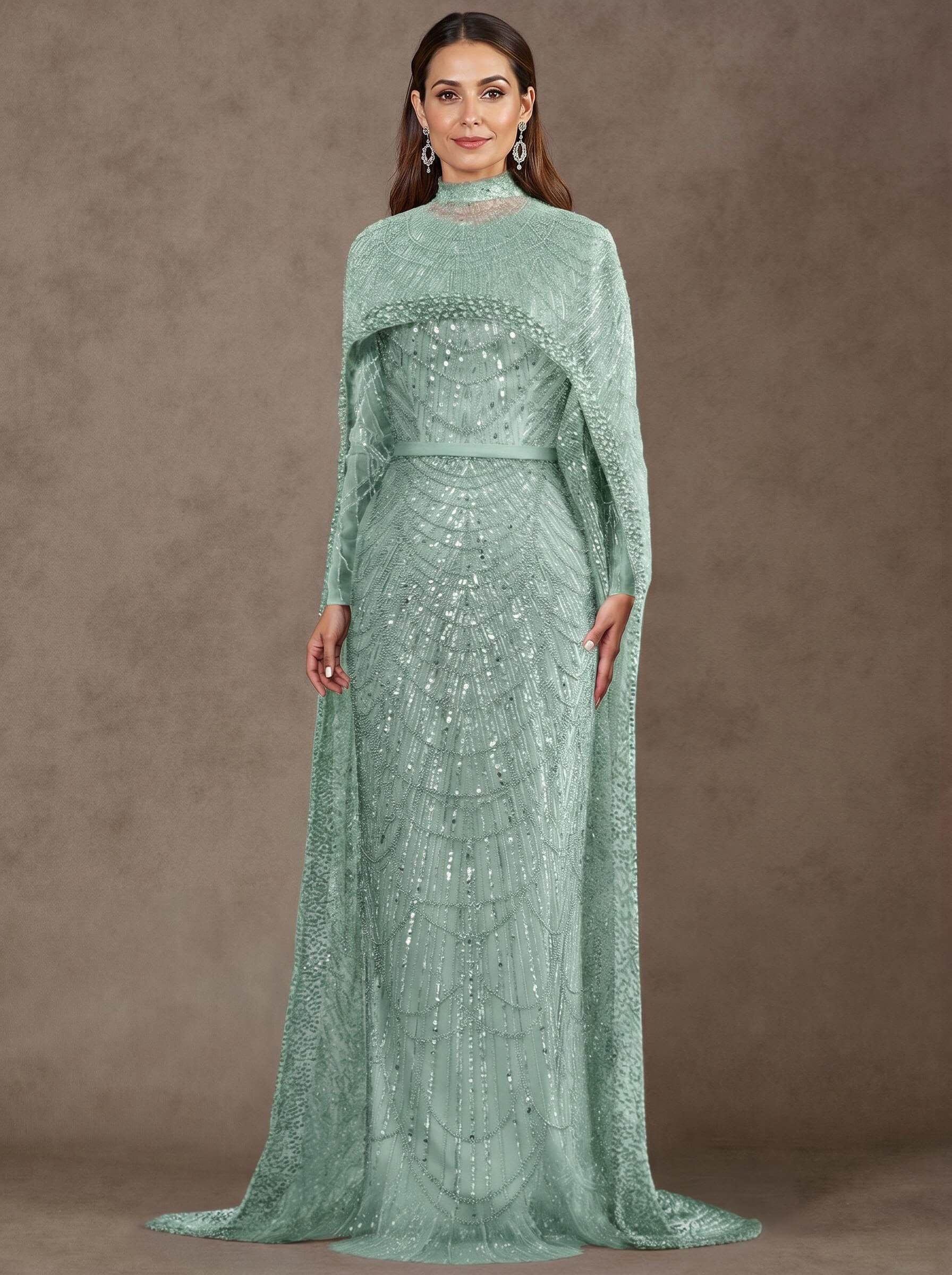 Sheath Column High Neck Long Sleeves Sweep Train Lace Satin Tulle Mother Of The Bride Dresses