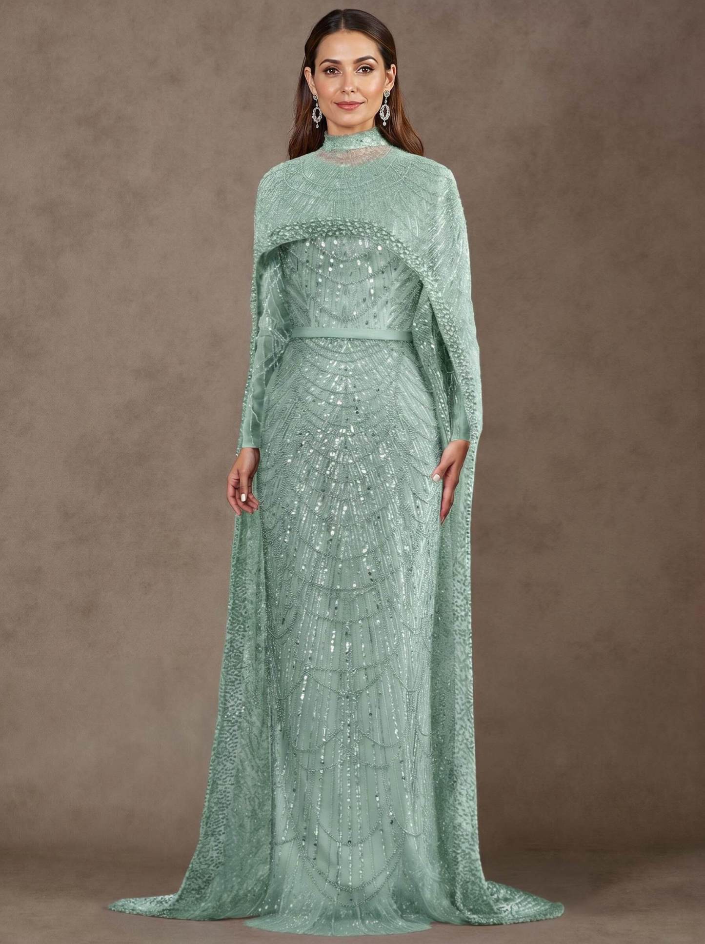 Sheath Column High Neck Long Sleeves Sweep Train Lace Satin Tulle Mother Of The Bride Dresses