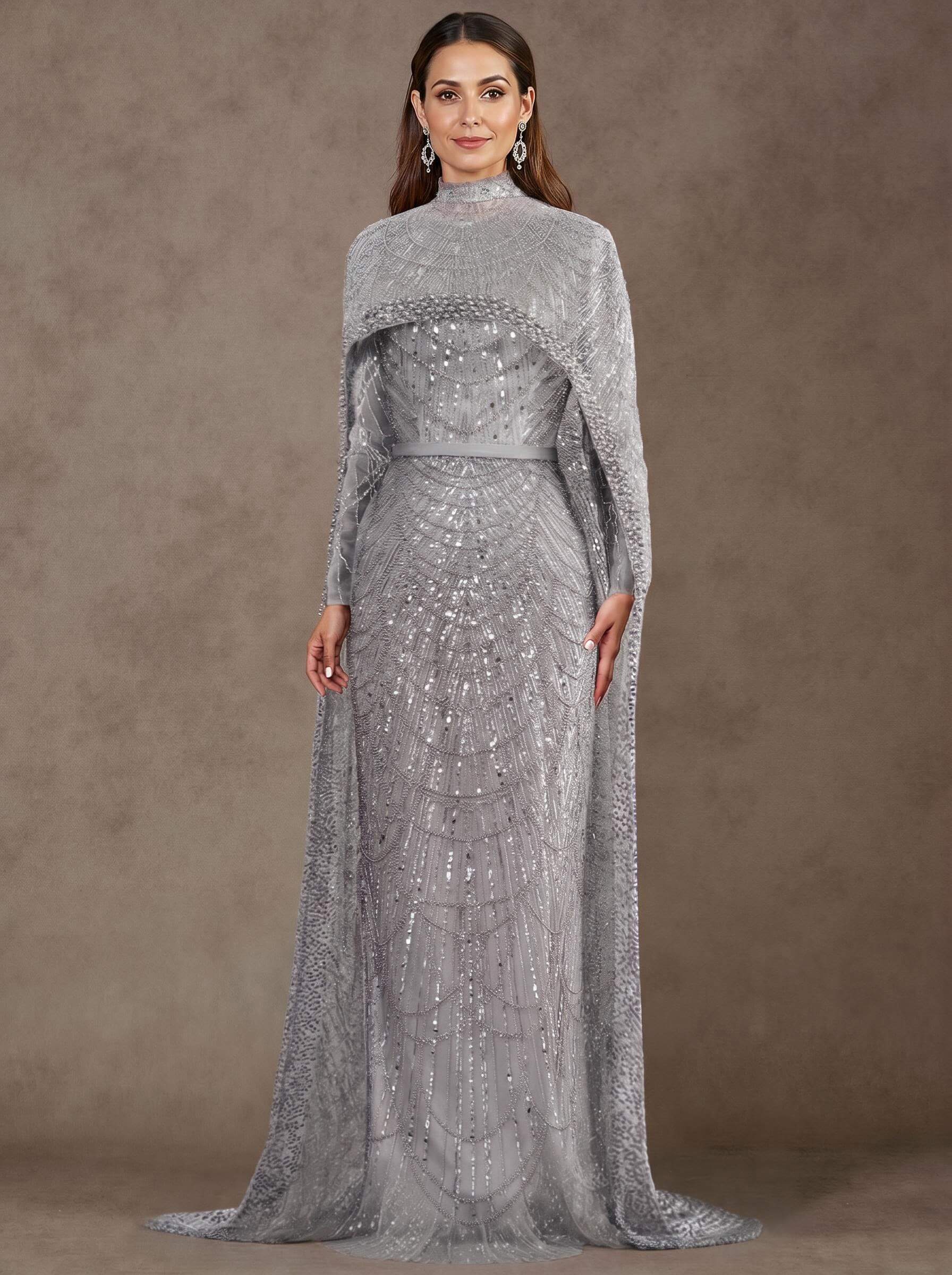 Sheath Column High Neck Long Sleeves Sweep Train Lace Satin Tulle Mother Of The Bride Dresses