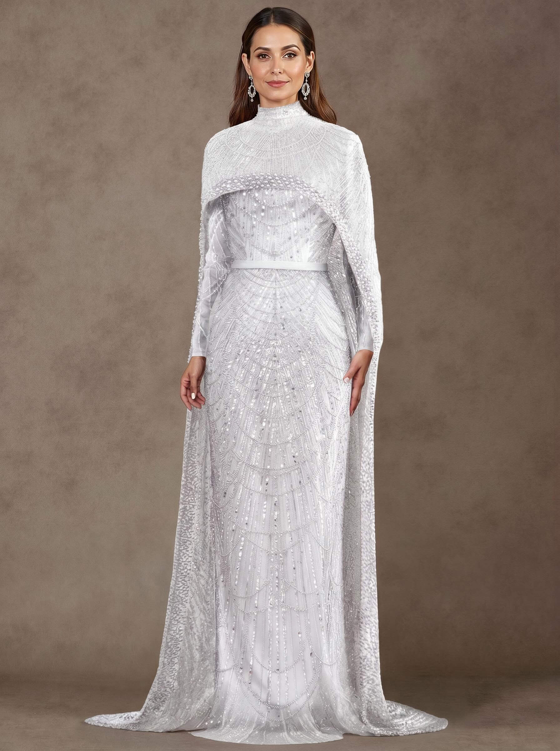 Sheath Column High Neck Long Sleeves Sweep Train Lace Satin Tulle Mother Of The Bride Dresses