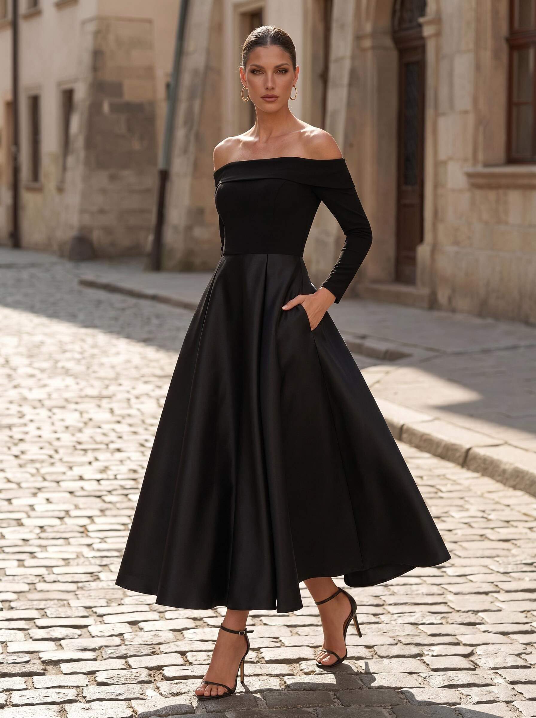 A-Line Long Sleeves Ankle-Length Satin/Elastic Satin Mother Of The Bride Dresses With Pockets in Black, US2