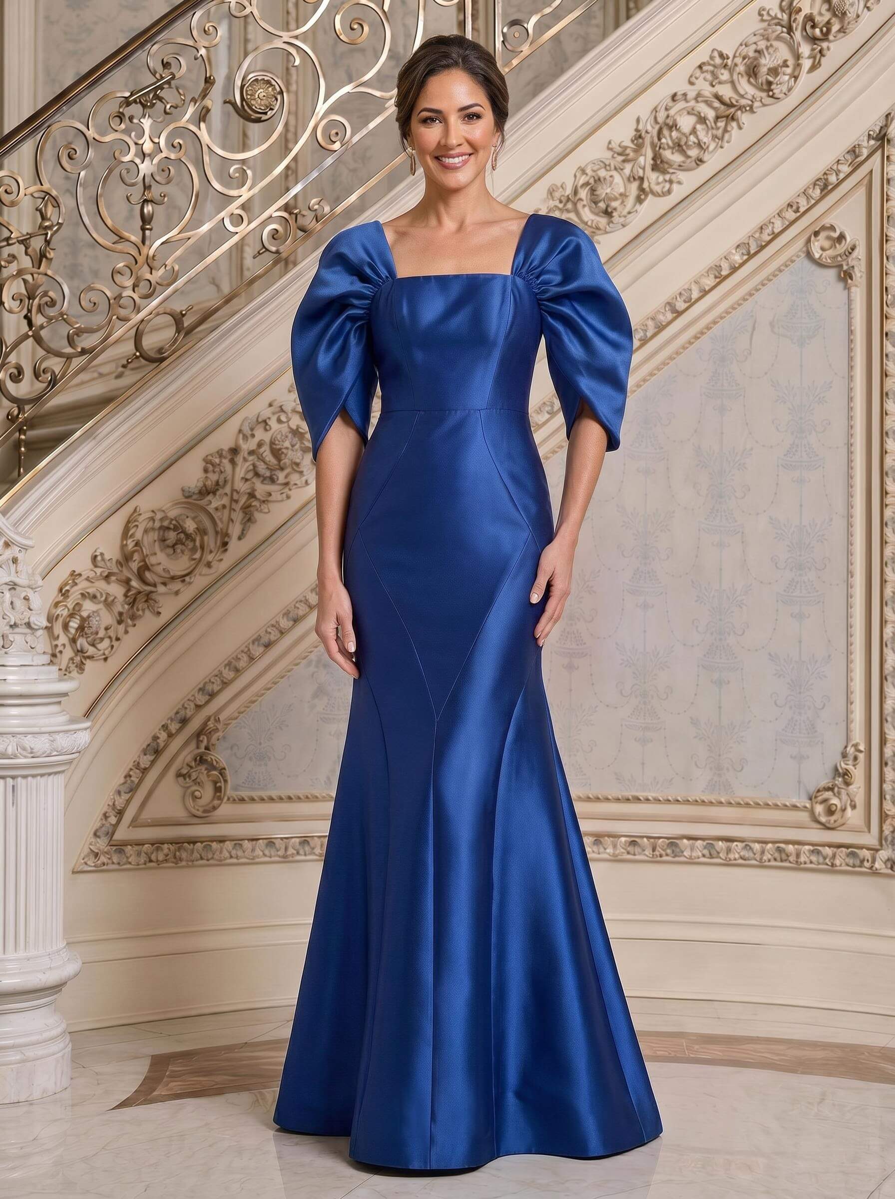 Trumpet/Mermaid Square Neckline 3/4 Sleeves Floor-Length Twill Satin Mother Of The Bride Dresses, image 1