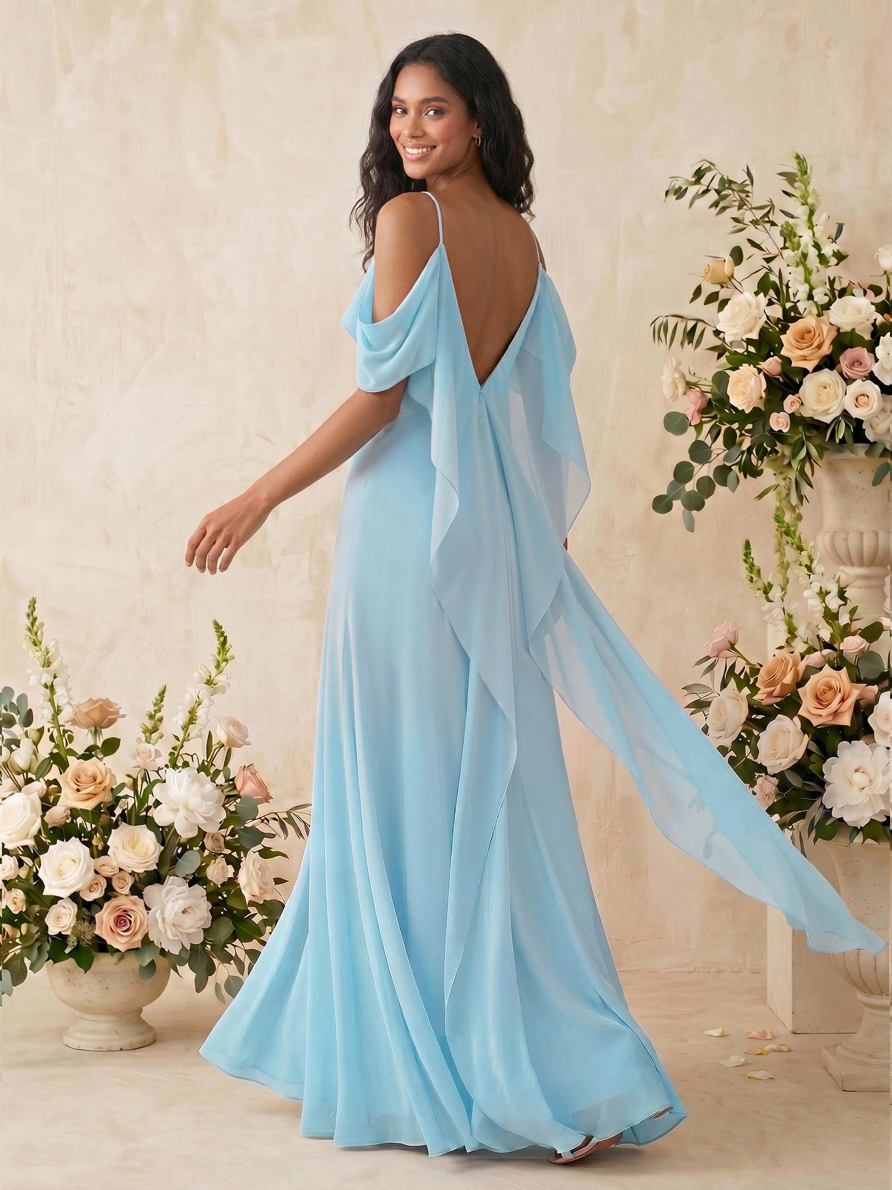 Sheath/Column Cowl Neck Sleeveless Floor-Length Chiffon Bridesmaid Dresses, image 3