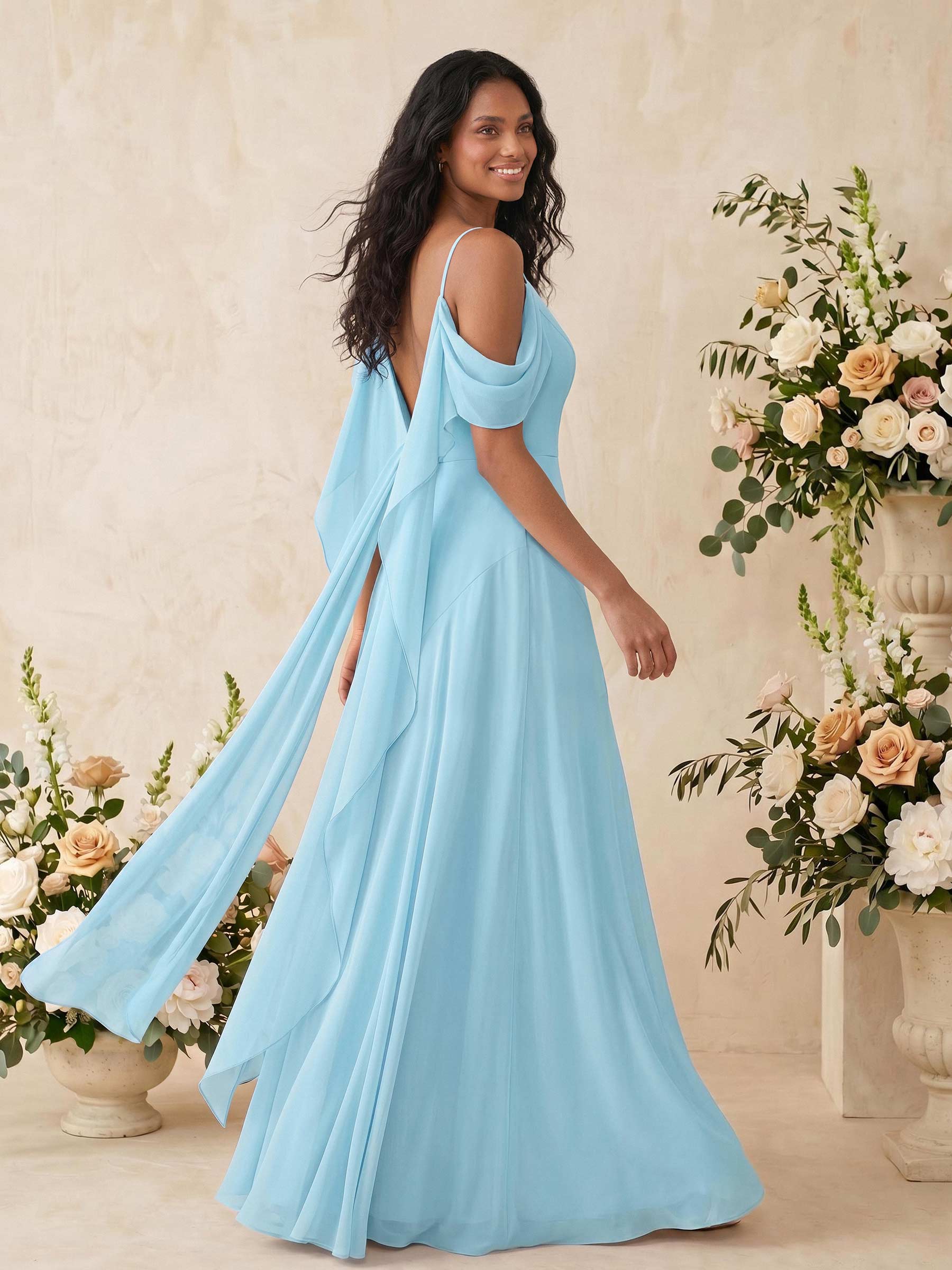 Sheath/Column Cowl Neck Sleeveless Floor-Length Chiffon Bridesmaid Dresses, image 4