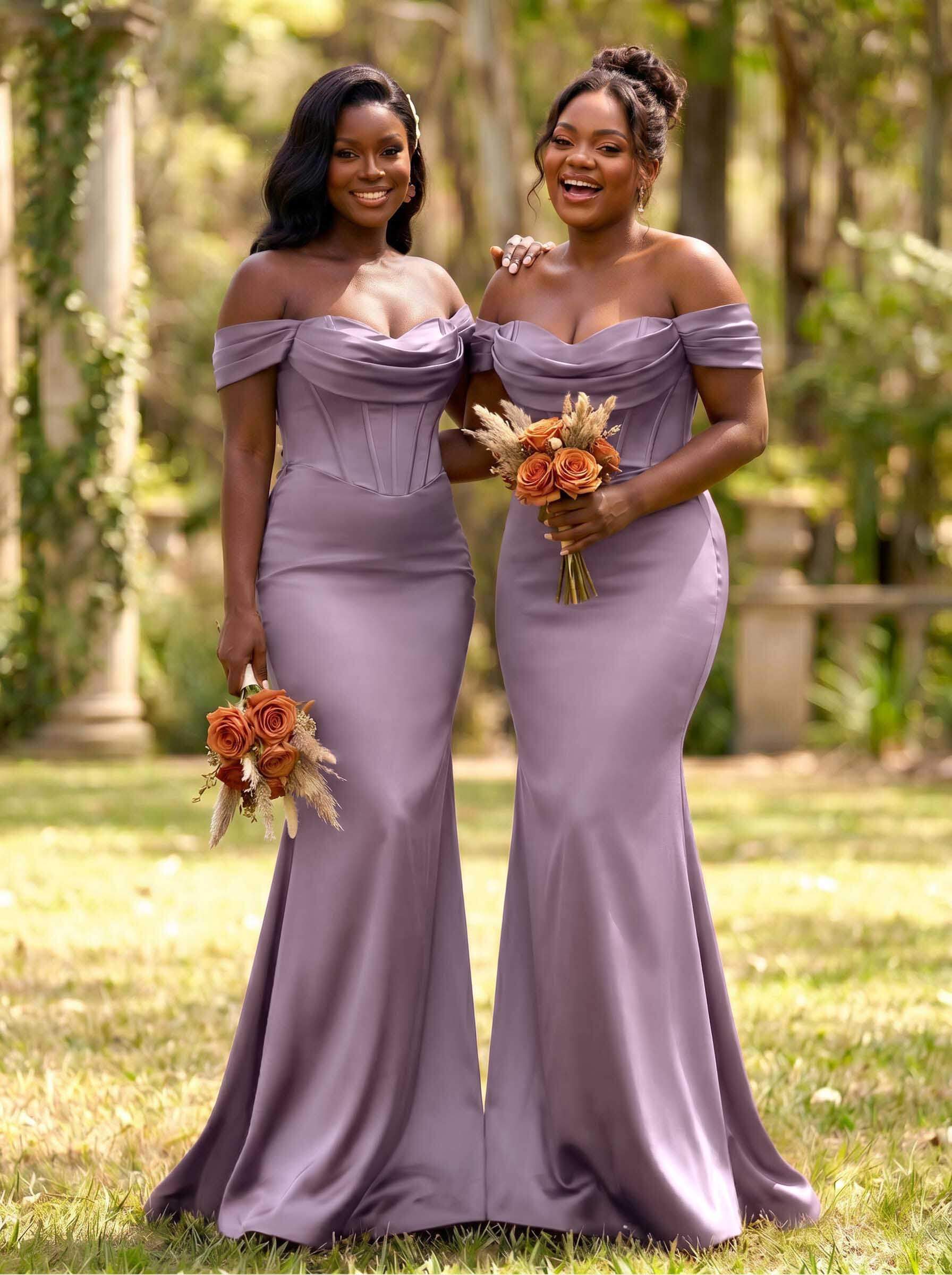 Elegant Trumpet/Mermaid Off-The-Shoulder Sleeveless Sweep Train Satin Bridesmaid Dresses, product image 30