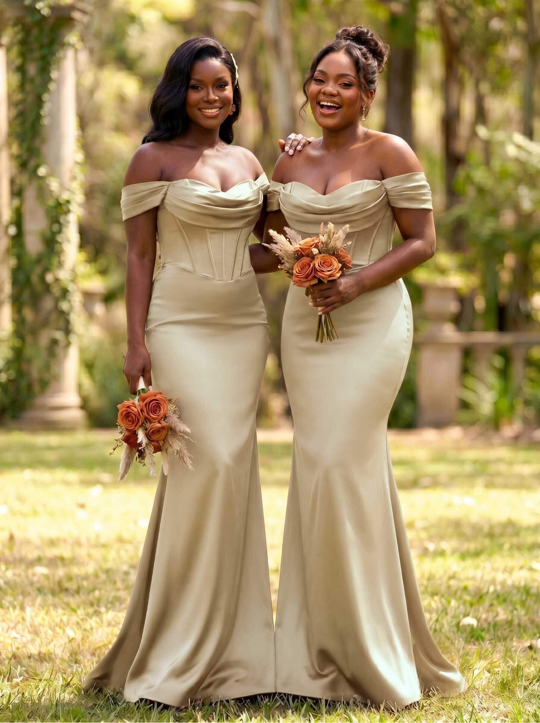 Elegant Trumpet/Mermaid Off-The-Shoulder Sleeveless Sweep Train Satin Bridesmaid Dresses, product image 48