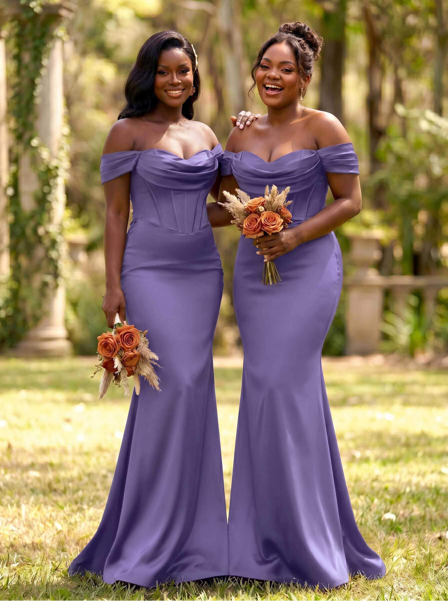 Elegant Trumpet/Mermaid Off-The-Shoulder Sleeveless Sweep Train Satin Bridesmaid Dresses, product image 35