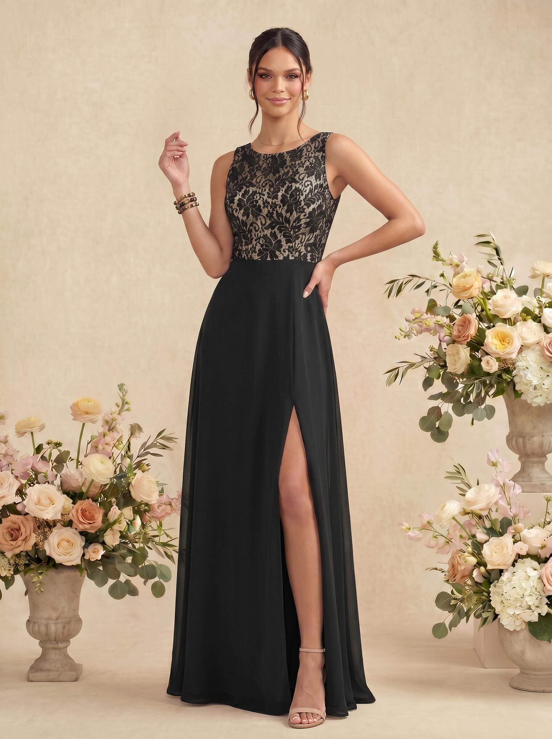 Elegant Lace A-Line Slit Bridesmaid Dresses, image 1