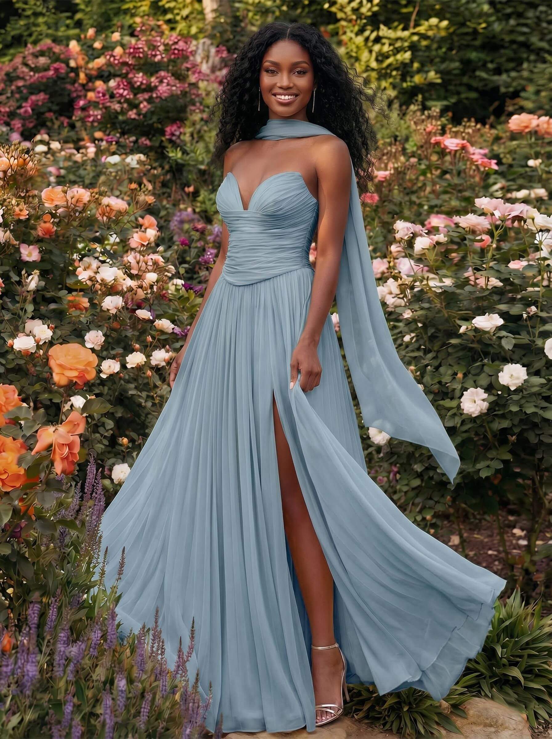 A-Line Strapless Sweep Train Chiffon Bridesmaid Dresses With Pleated/High Split, product image 6
