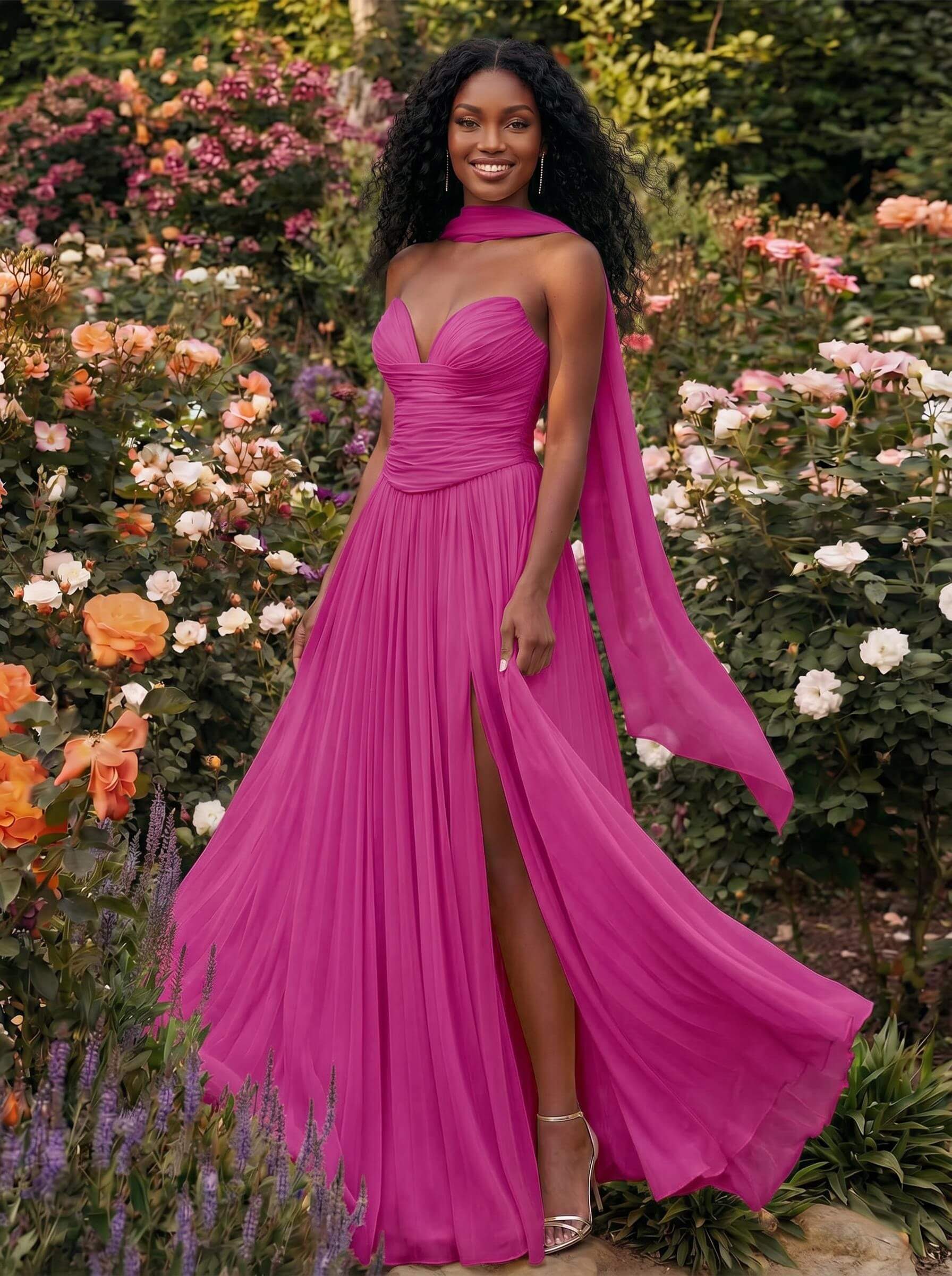 A-Line Strapless Sweep Train Chiffon Bridesmaid Dresses With Pleated/High Split, product image 41