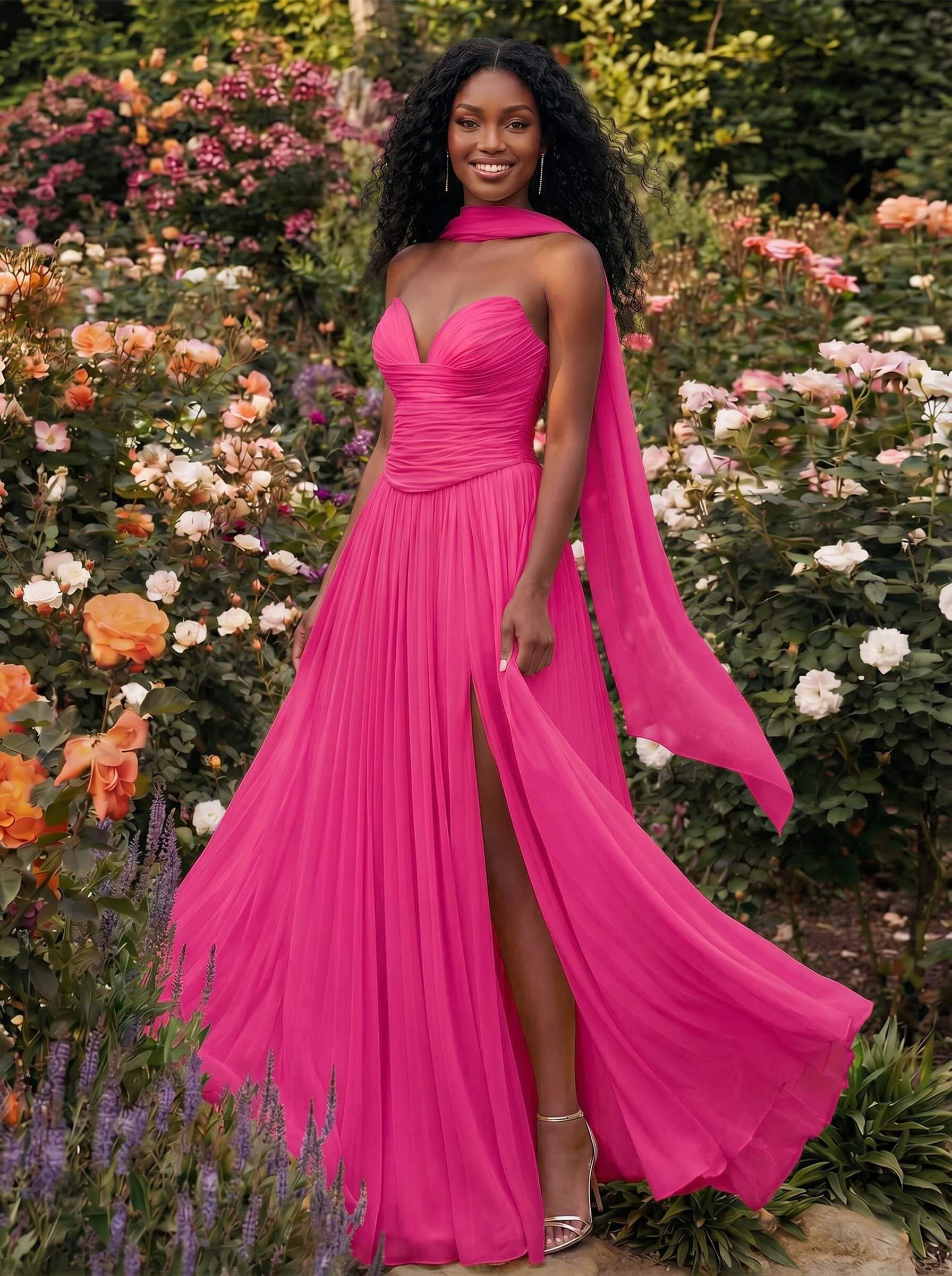 A-Line Strapless Sweep Train Chiffon Bridesmaid Dresses With Pleated/High Split, product image 40