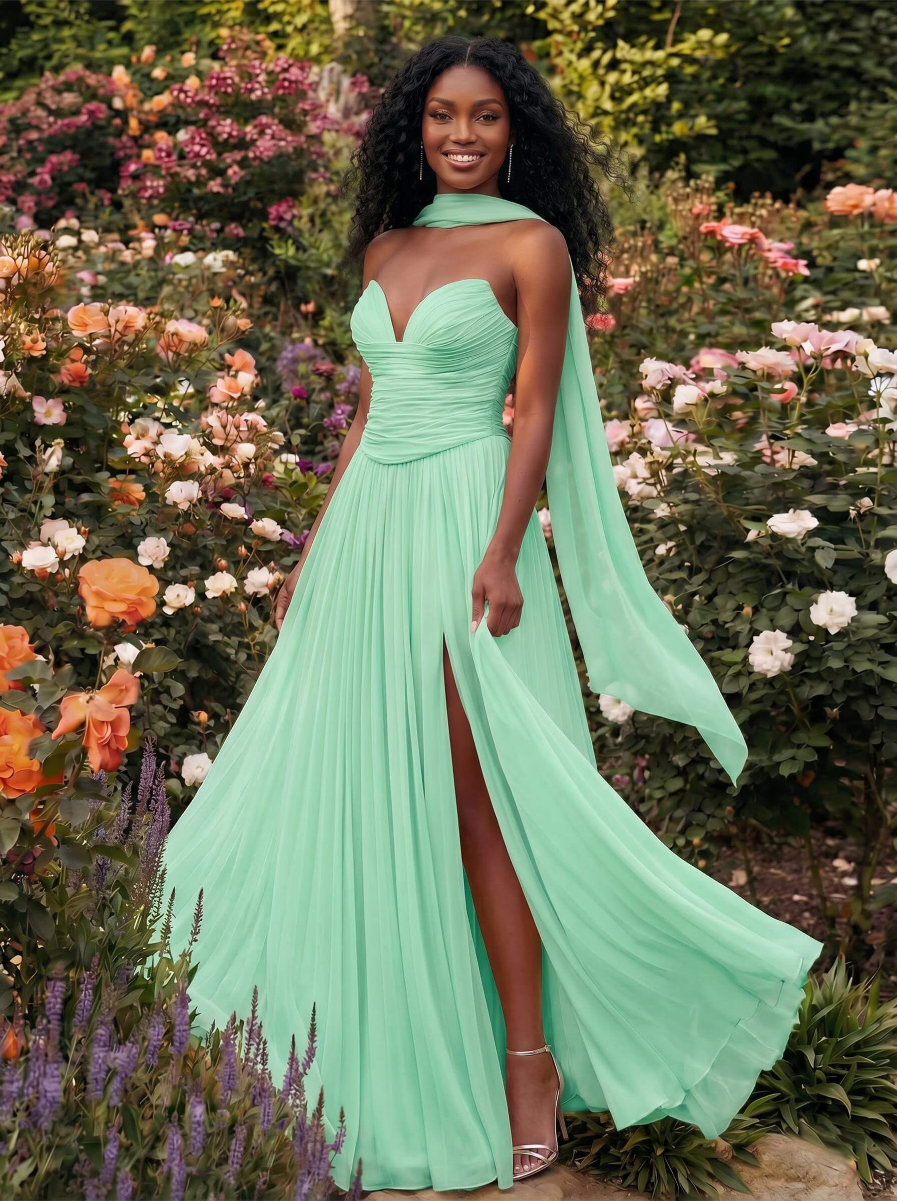 A-Line Strapless Sweep Train Chiffon Bridesmaid Dresses With Pleated/High Split, product image 49