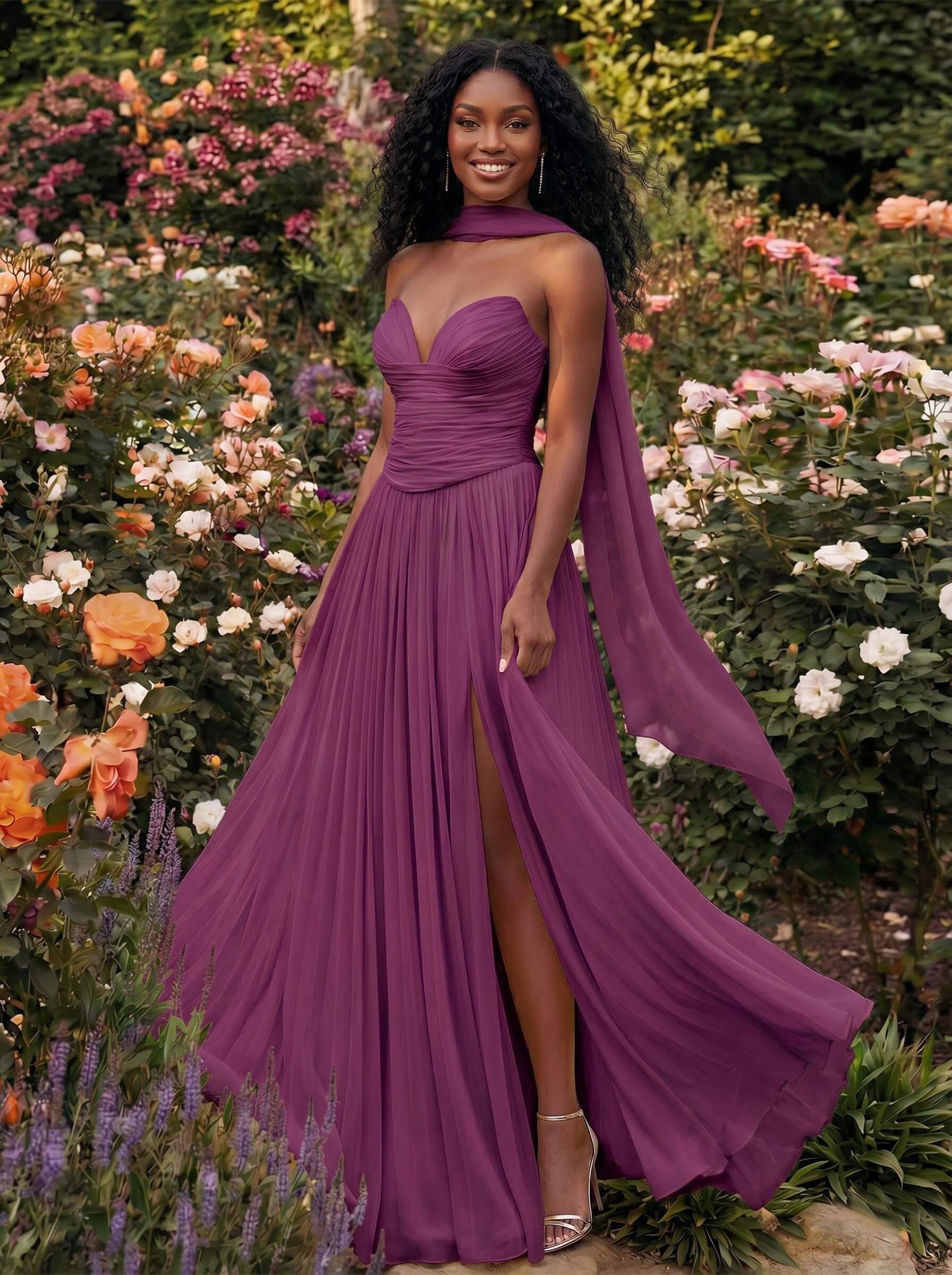 A-Line Strapless Sweep Train Chiffon Bridesmaid Dresses With Pleated/High Split, product image 39