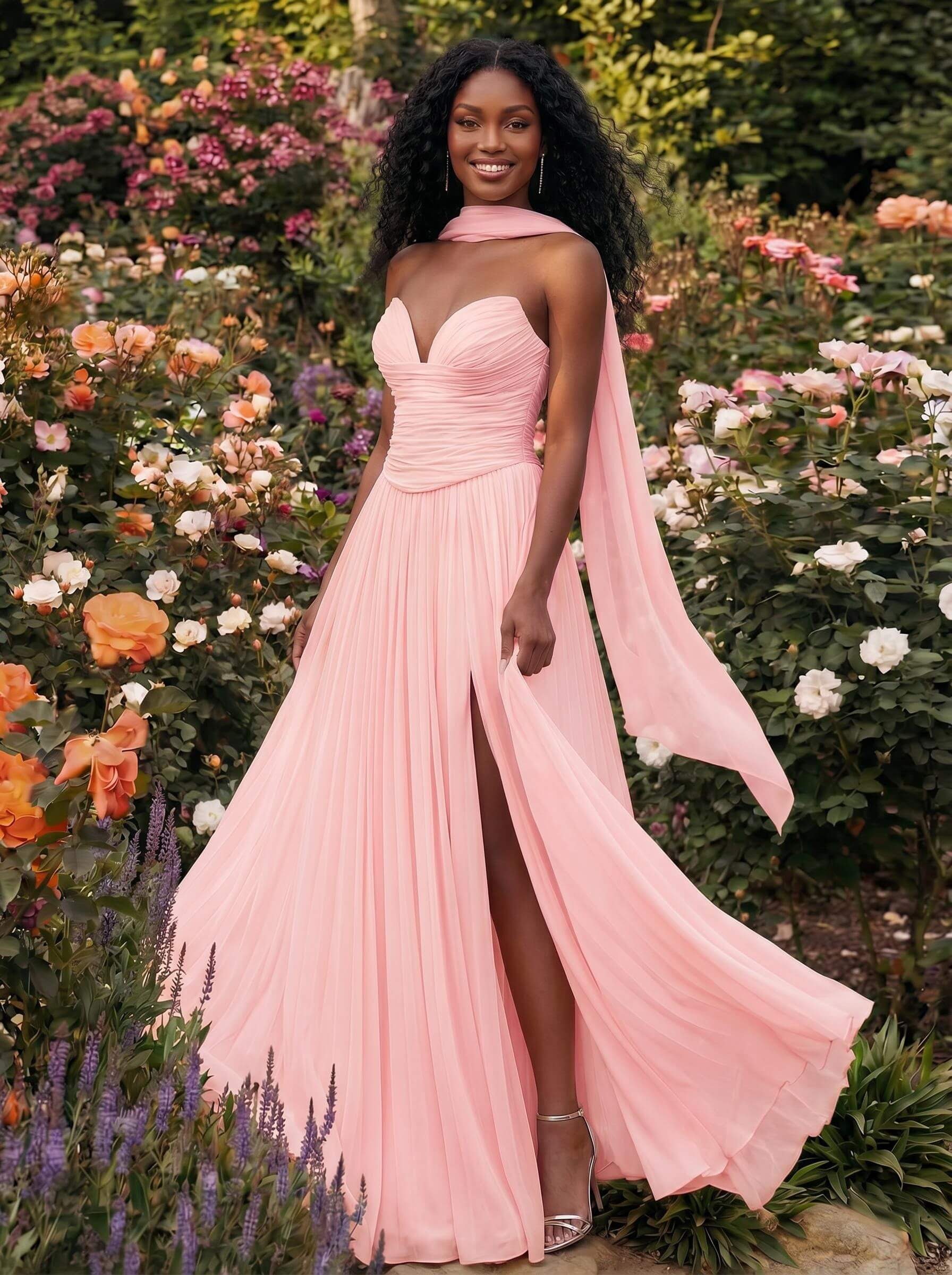 A-Line Strapless Sweep Train Chiffon Bridesmaid Dresses With Pleated/High Split, product image 26