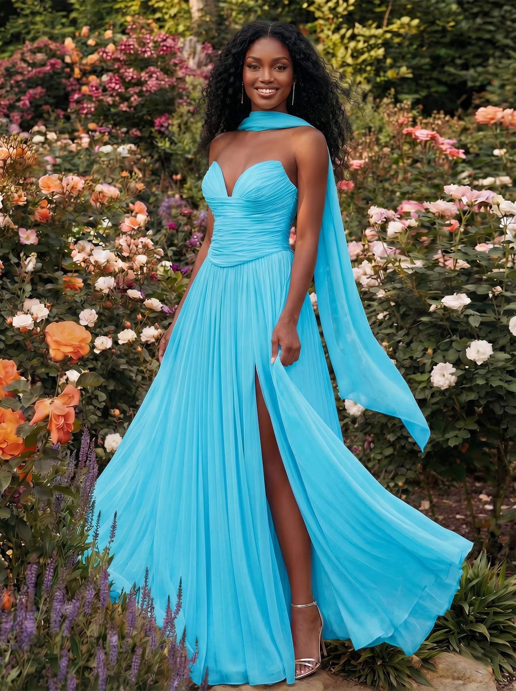 A-Line Strapless Sweep Train Chiffon Bridesmaid Dresses With Pleated/High Split, product image 12