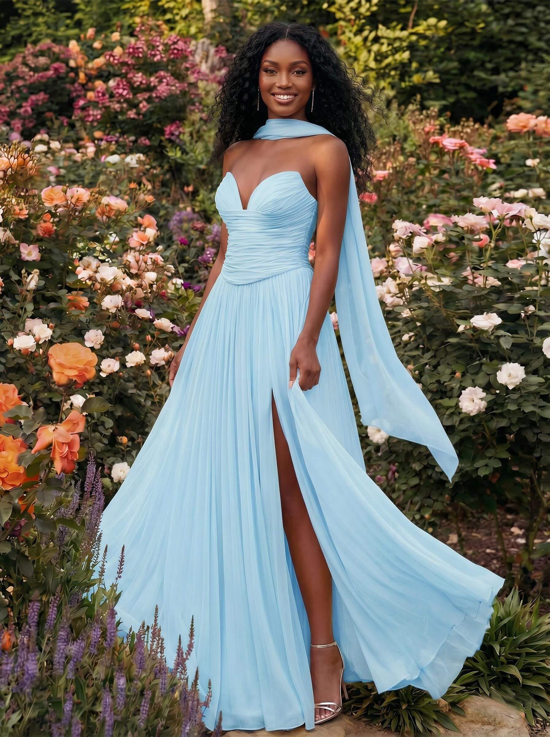 A-Line Strapless Sweep Train Chiffon Bridesmaid Dresses With Pleated/High Split, product image 14